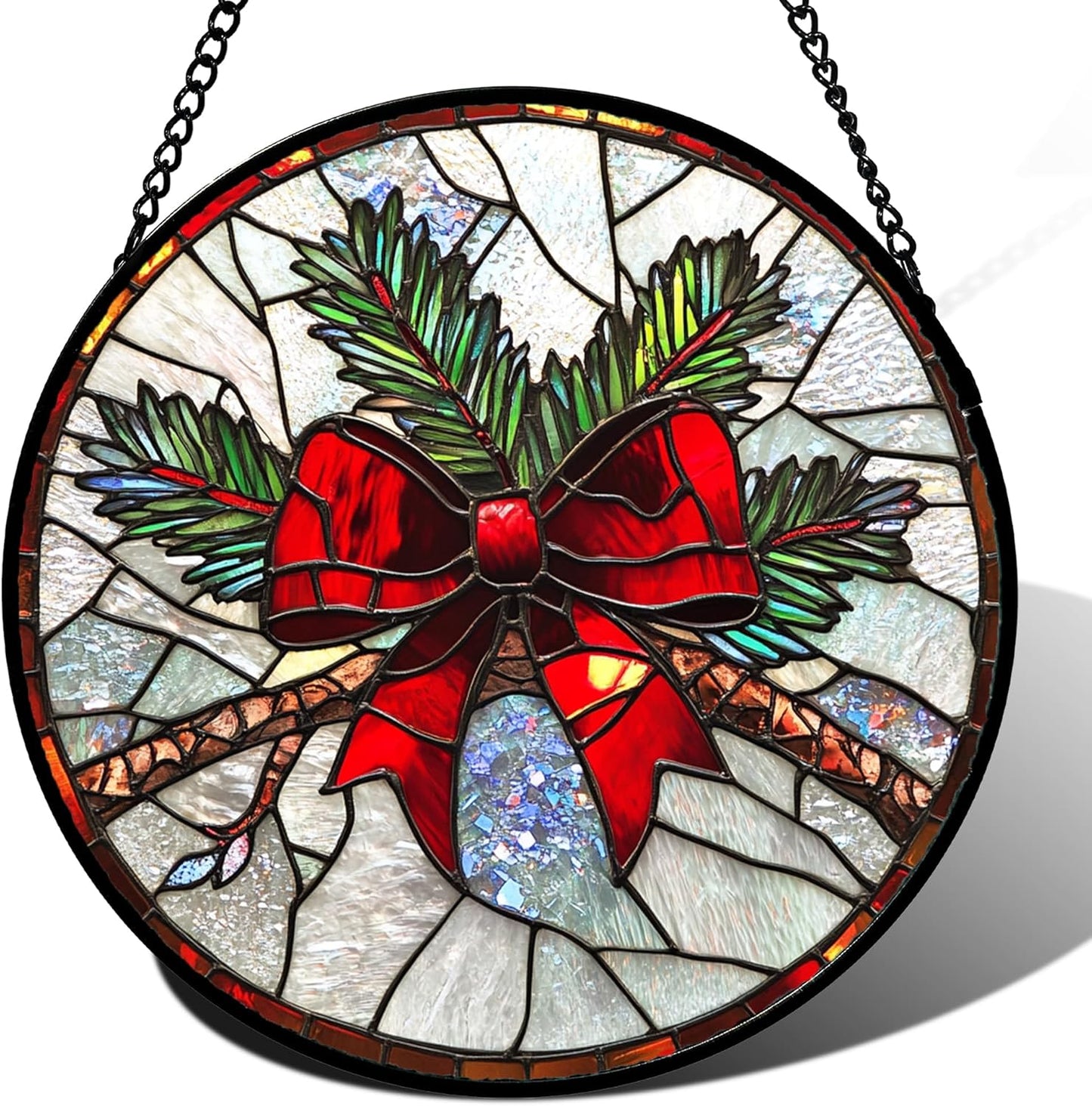 Stained Glass Window Hanging - Pine Branches Red Bow Suncatcher for Doors Home Christmas Decoration Silver Sun Catcher Thanksgiving New Year Birthday Gifts for Women Men Mom Nana 11.8 in