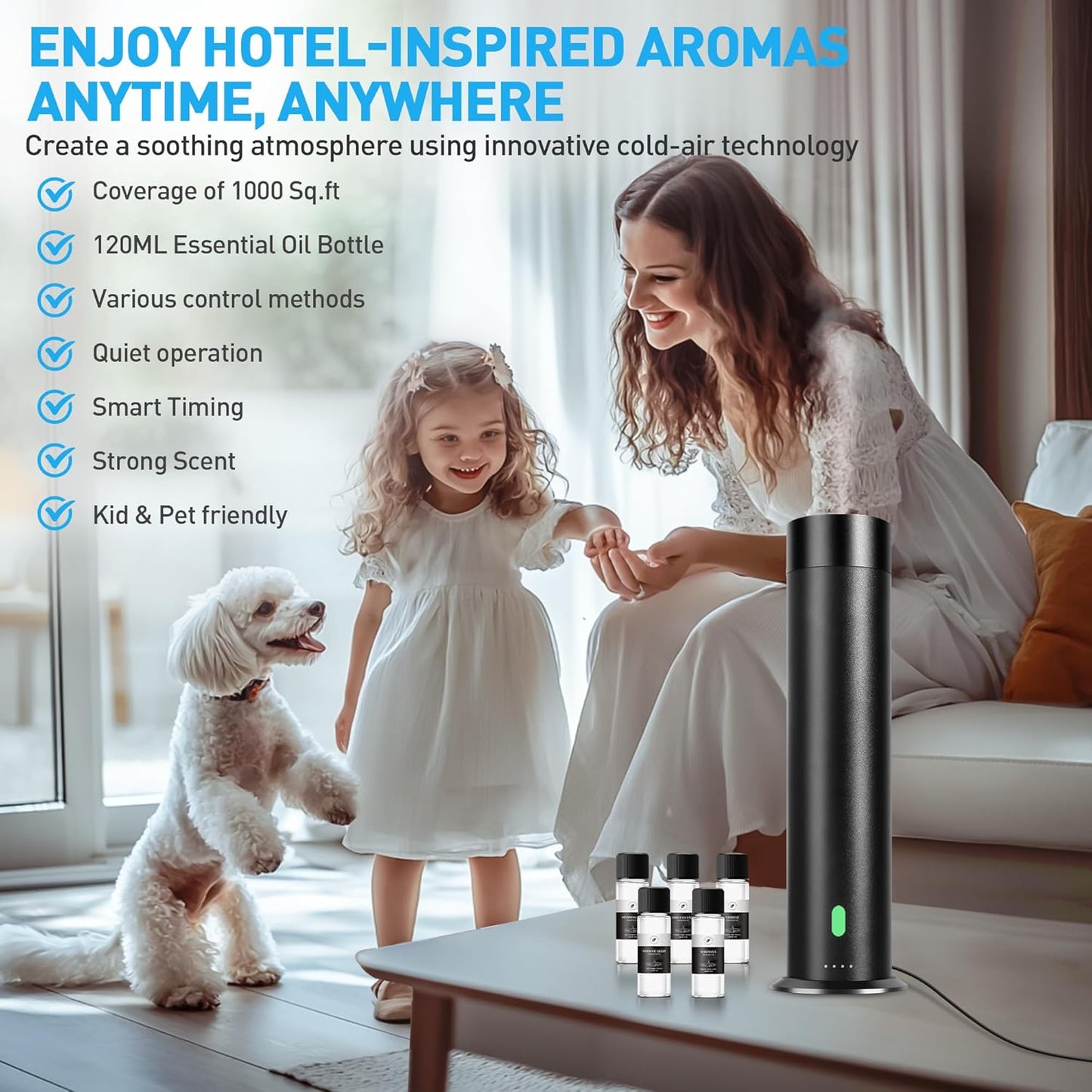 Waterless Scent Diffuser Starter Kit - 1000 Sq Ft Coverage, Hotel Scent Diffuser, Essential Oil Diffuser Large Room, Included 5 Scent Oils, Remote Control, SandGreen