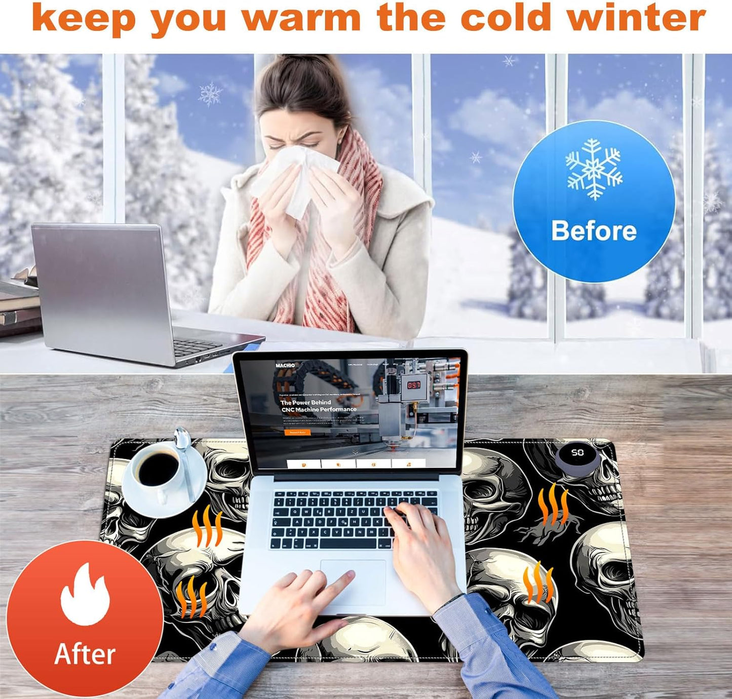 Heated Mouse Pad for Desk 31.5" x 13" – PU Leather Warm Desk Pad with 3 Heat Levels (104°F/113°F/122°F), Plug-in Electric Heating Mat with Auto Shut-Off, Waterproof & Rollable, Skull Pattern