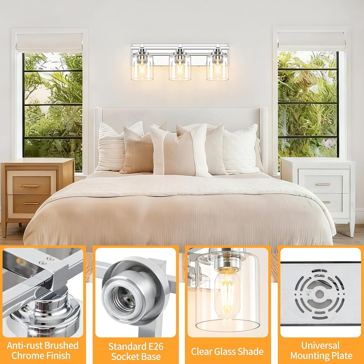 3 Light Modern Bathroom Light Fixtures Over Mirror, Chrome Vanity Lights for Bathroom Wall Sconces with Clear Glass Shades, E26 Socket (Bulbs Not Included)