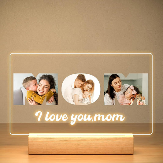 Custom Mom Picture Frame with Photo, Personalized Photo Frame with Night Light, Customized Picture Frames, Personalized Valentines Day Gifts for Mom from Daughter & Son