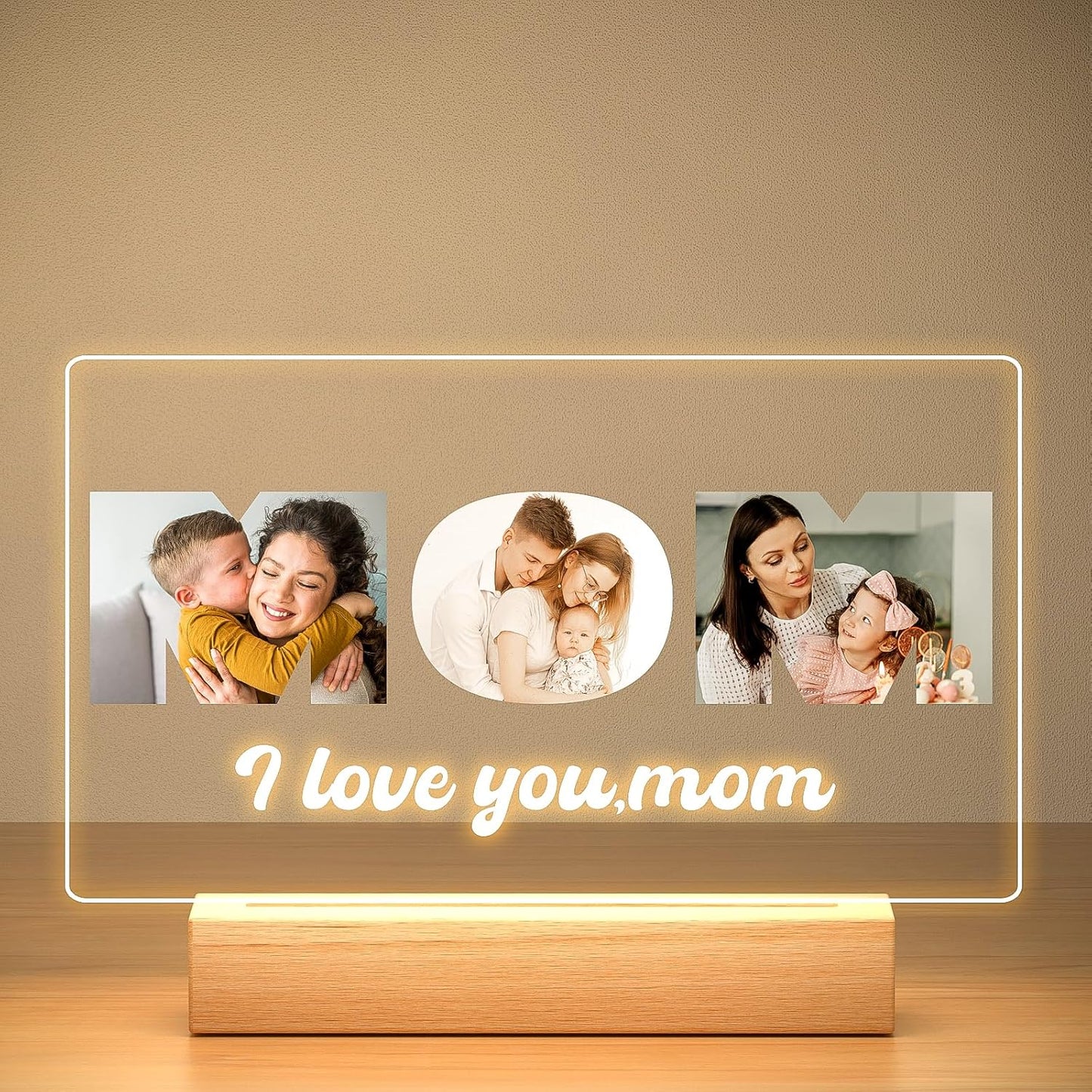 Custom Mom Picture Frame with Photo, Custom Photo Frame with Night Light, Customized Picture Frames, Personalized Valentines Day Gifts for Mom from Daughter & Son