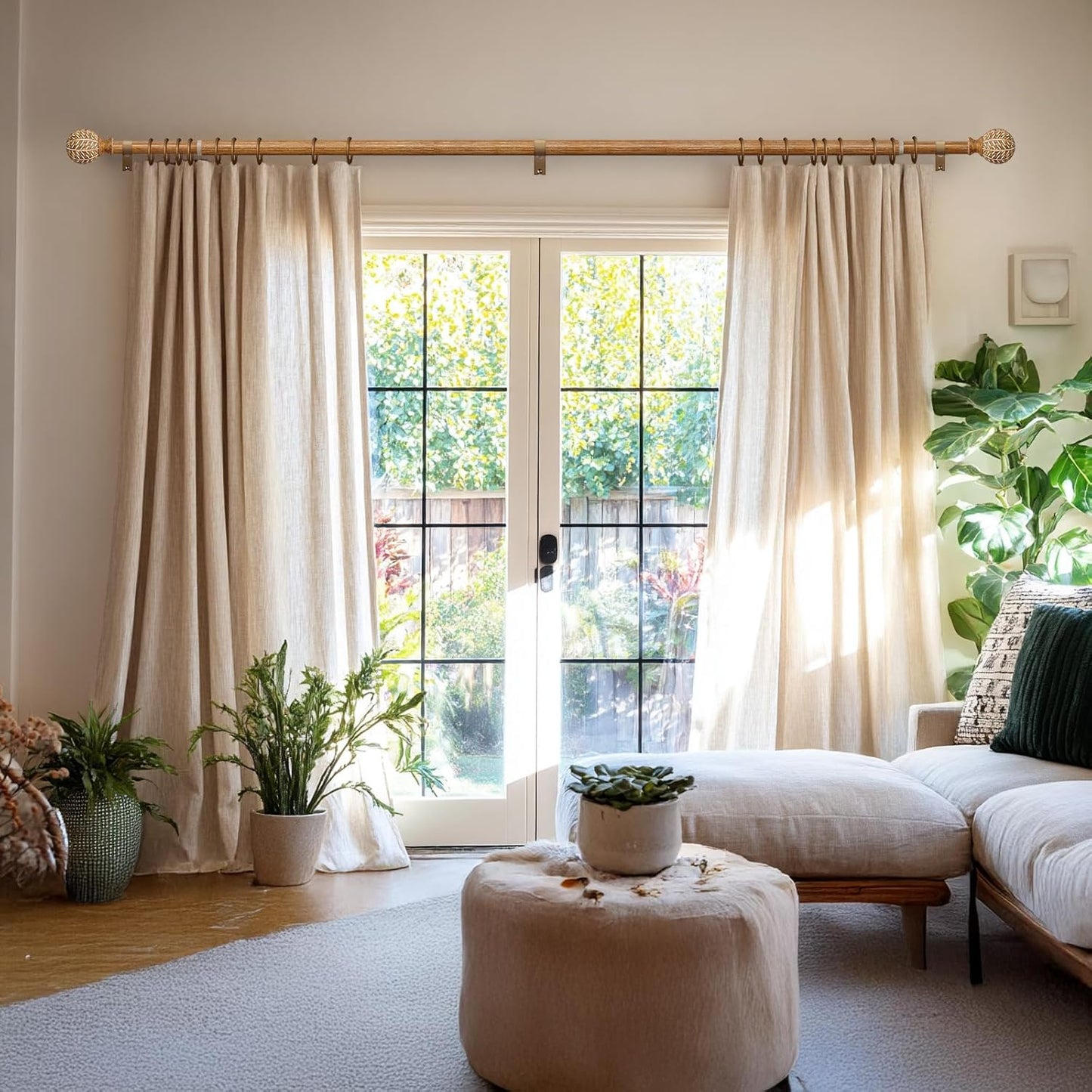 Imitation Wood Grain Ball Curtain Rods for Windows 48 to 84 Inch,1 Inch Heavy Duty Adjustable Wood Curtain Rod,Boho Drapery Rods Set with Brackets,Size:36''-88''