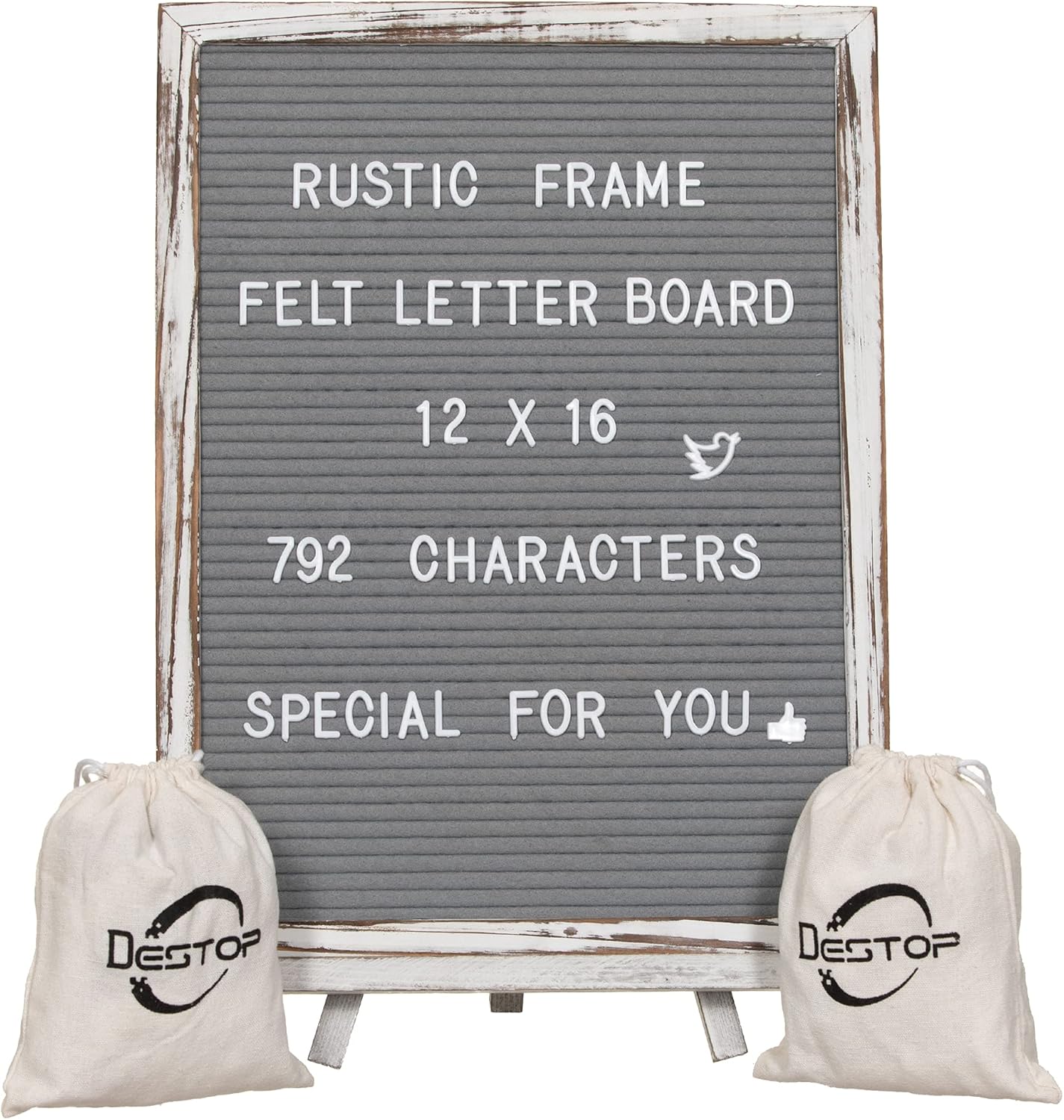 Felt Board With Rustic Vintage Frame and Stand 12x16 Inch, Grey Changeable Message Board Includes 792 Letters, Numbers and Symbols, Hook to Hang, 2 Canvas Bags
