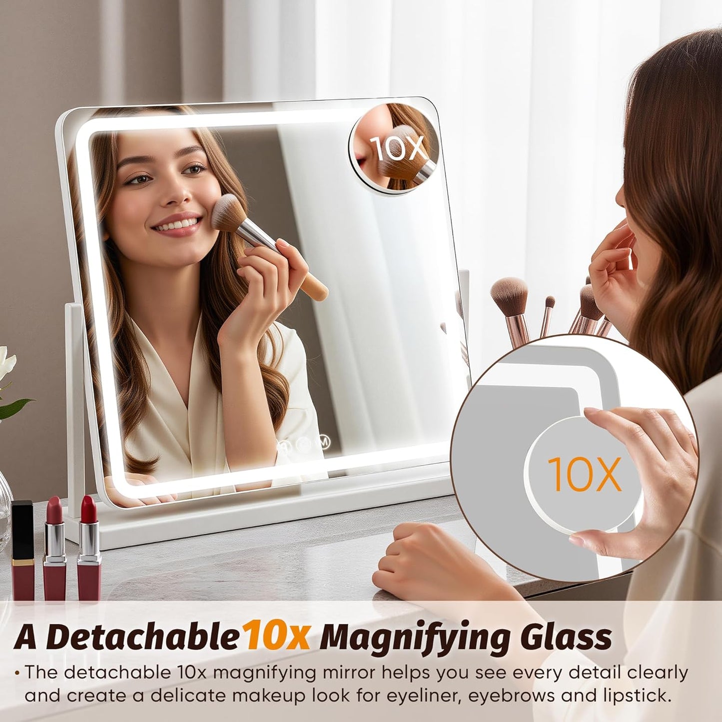 Vanity Mirror with Lights, 22"x19" Hollywood Lighted Makeup Mirror for Tabletop & Bedroom 3 Color Lighting Modes Smart Touch Control 360° Rotation Detachable