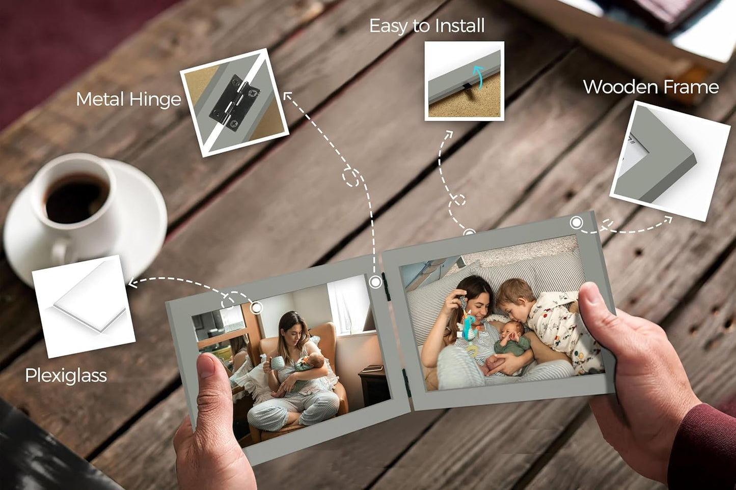 Double 5x7 Horizontal Combo, Grey Wood Picture Frame, 4.5x6.5 Opening Foldable Landscape View Photo Frame on Table-top or Wall