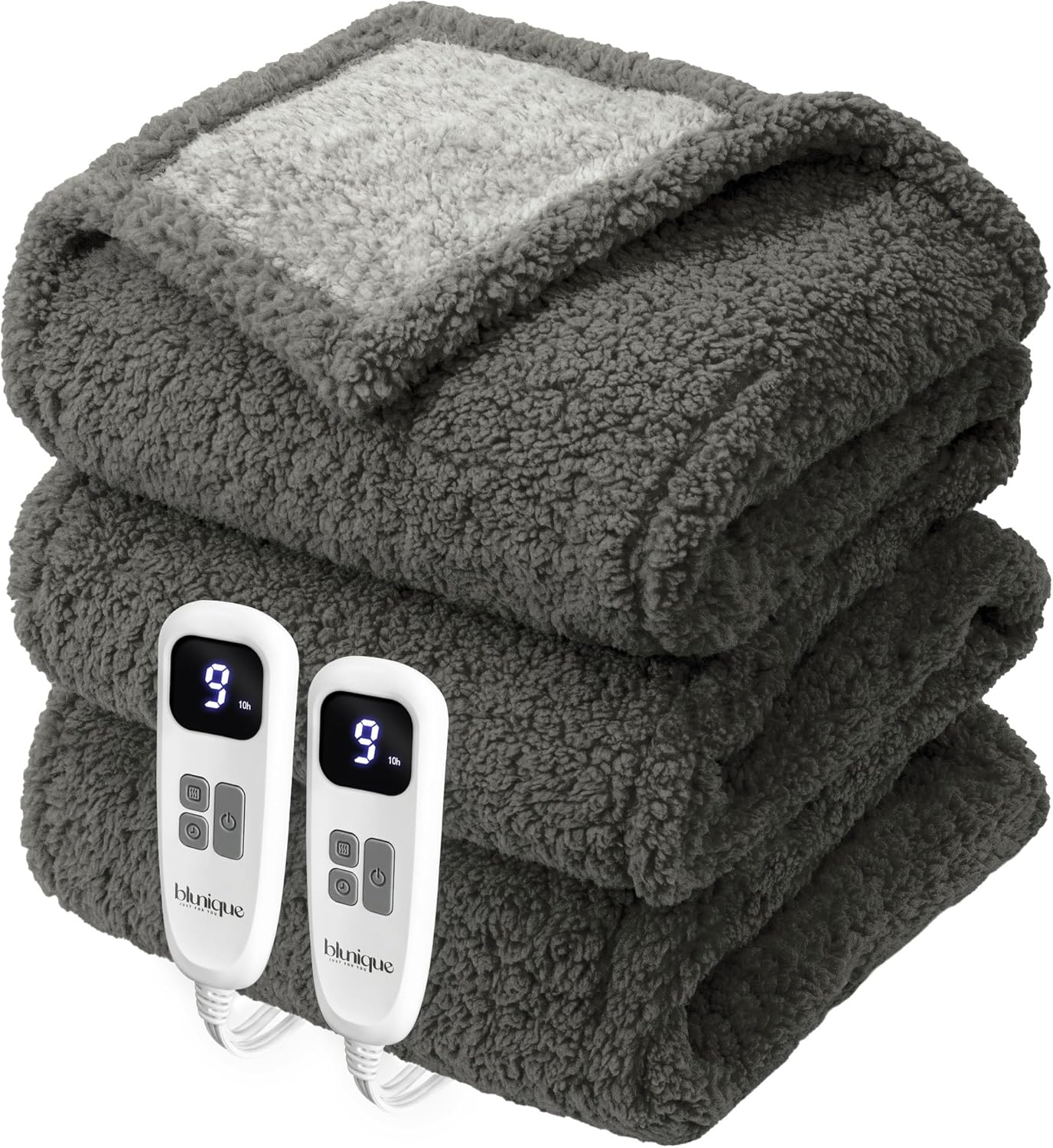 Heated Blanket Electric Blanket Queen - Fast Heating Blanket Throw Dual Control Double Sided Sherpa with 10 Heating Levels & 2-10 Hours Auto Off, Mashine Washable, 84 x 90 Inches, Grey