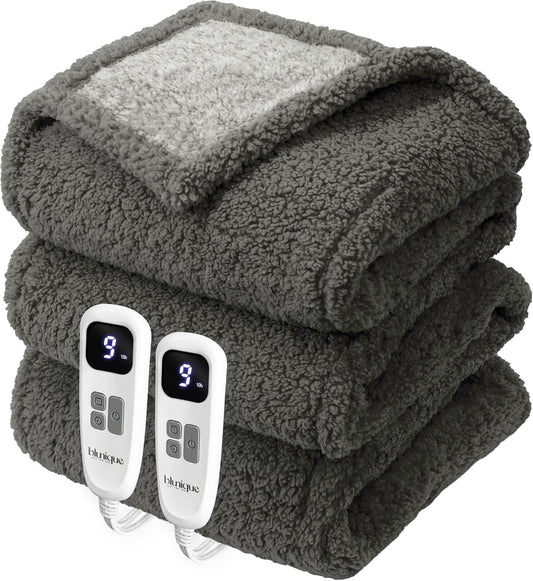 Heated Blanket Electric Blanket Queen - Fast Heating Blanket Throw Dual Control Double Sided Sherpa with 10 Heating Levels & 2-10 Hours Auto Off, Mashine Washable, 84 x 90 Inches, Grey