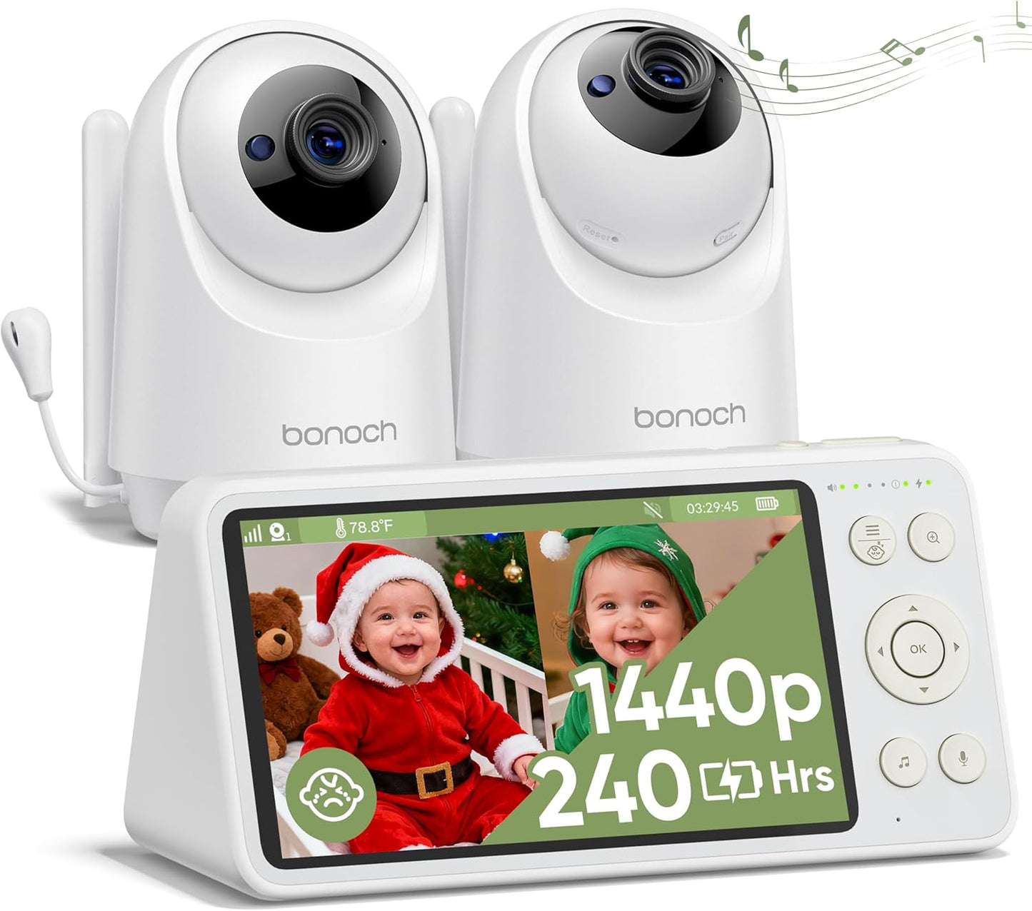 bonoch 1440p Baby Monitor with 2 Cameras 240h Long-Lasting, 5.5" No WiFi Split Screen Dual Video Monitor, Smart Detect for Crying/Sleep Turnover/Motion, Hack Proof, White Noise, Night Vision, Gifts