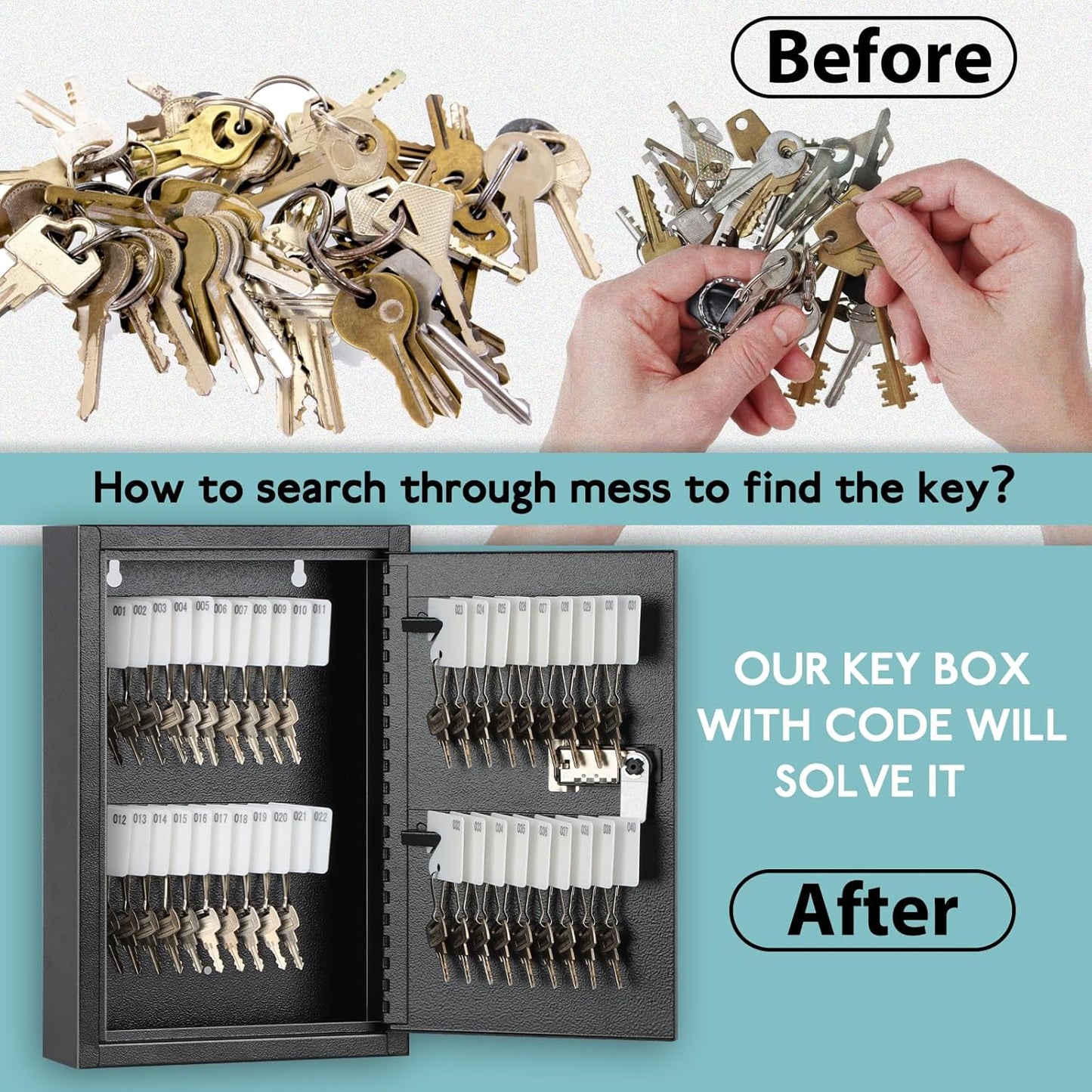 KYODOLED Locking Key Cabinet, 40 Key Storage Lock Box with Code, Key Box Wall Mount with Combination Lock, Key Hooks & Tags Labels for Home, Office, Business, 2.5" D x 8" W x 12" H (Black,40 Key)