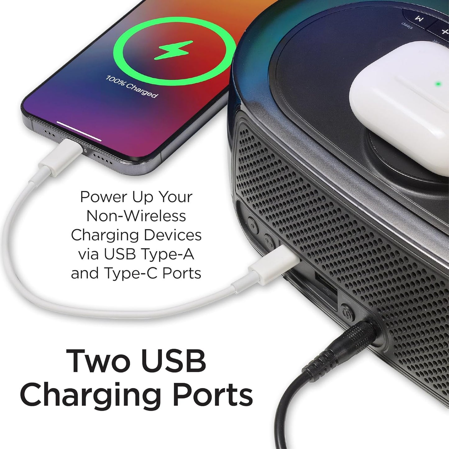 iHome Alarm Clock Radio with Qi2 Magnetic Wireless Charger, Bluetooth Speaker, and 2 USB Chargers (iBTW282)