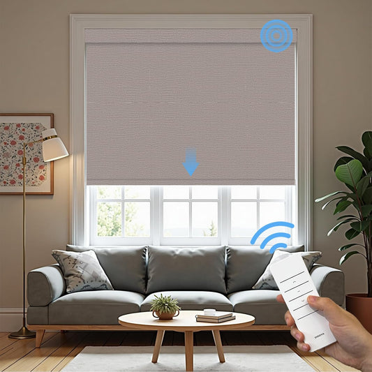 Motorized Roller Blinds with Remote, 100% Blackout Automatic Roller Shades for Bedroom, Bathroom, and Living Room, Customized Size, Woven Tapestry Brown