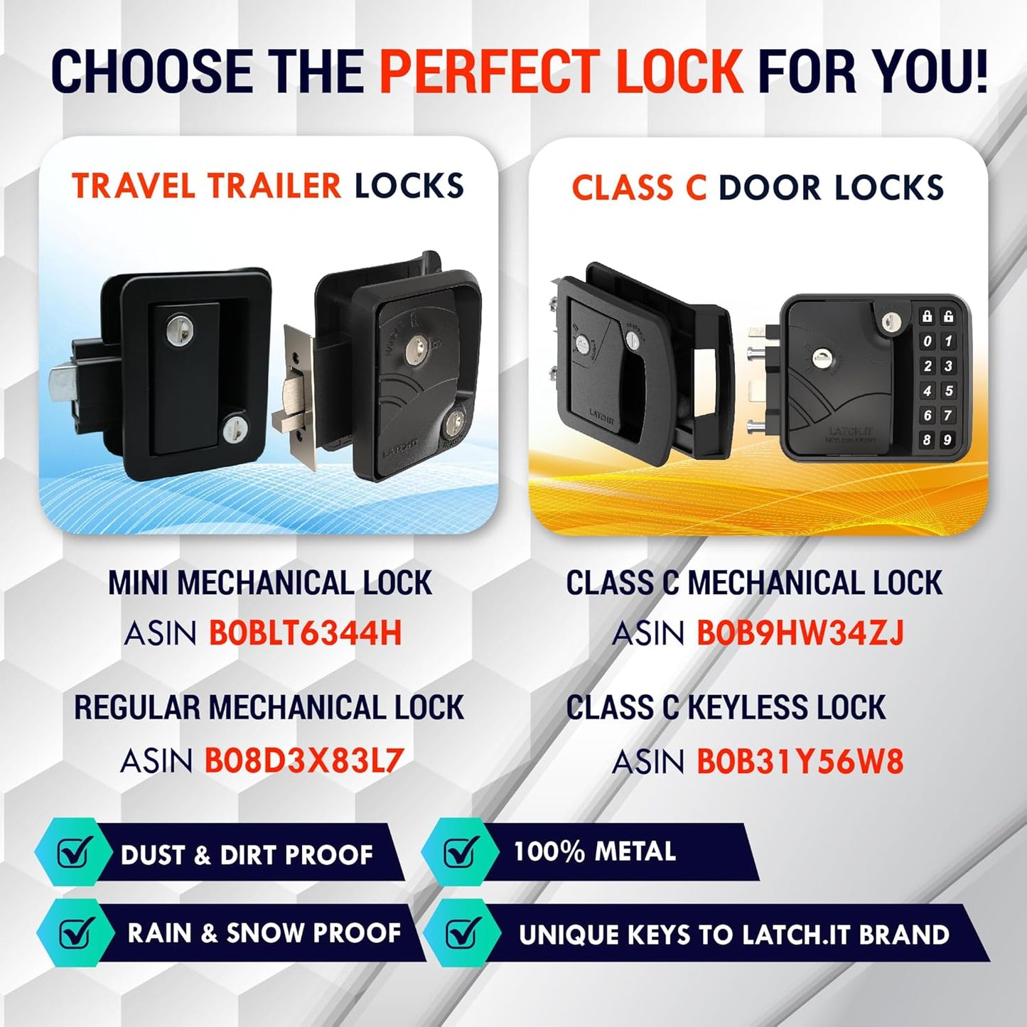 LATCH.IT Keyed-Alike Mini Mechanical Rv Door Latch Replacement | Rv Door Lock Replacement | 100% Metal Camper Latch | Rv Trailer Door Latch Only Fits 2.75" x 3.75" Door Lock Holes
