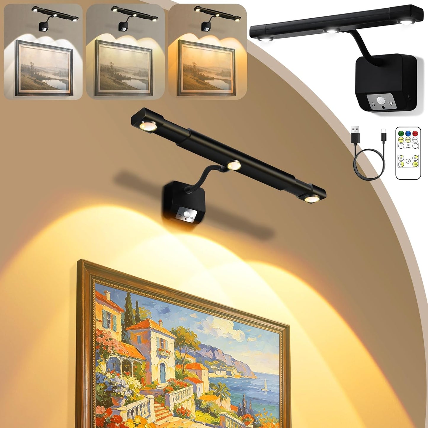Motion Sensor Wireless Picture Lights for Wall, Dimmable Battery Operated Picture Light with Timer, Extendable Painting Light with Remote, 3 Color Temp, Rotatable Wall Art Light for Paintings