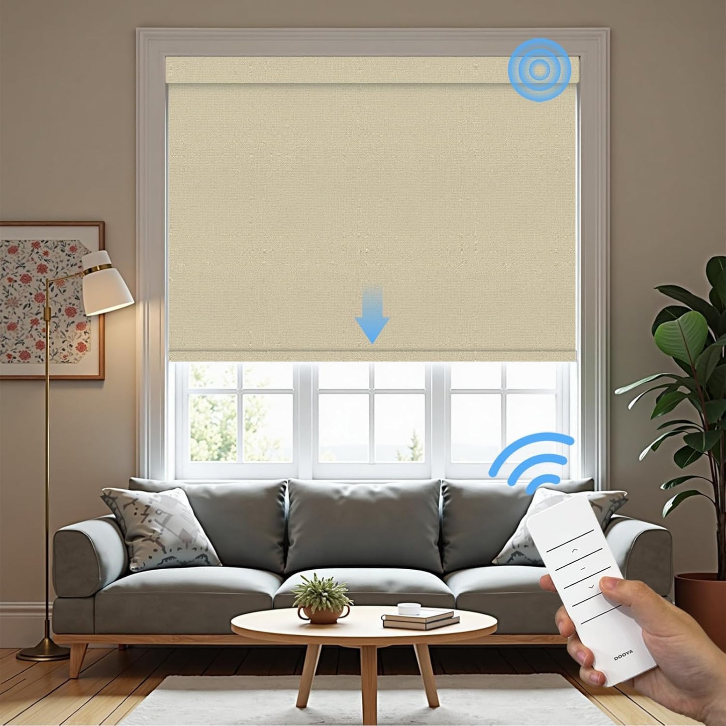 Motorized Roller Blinds with Remote, 100% Blackout Automatic Roller Shades for Bedroom, Bathroom, and Living Room, Customized Size, Morning Beige