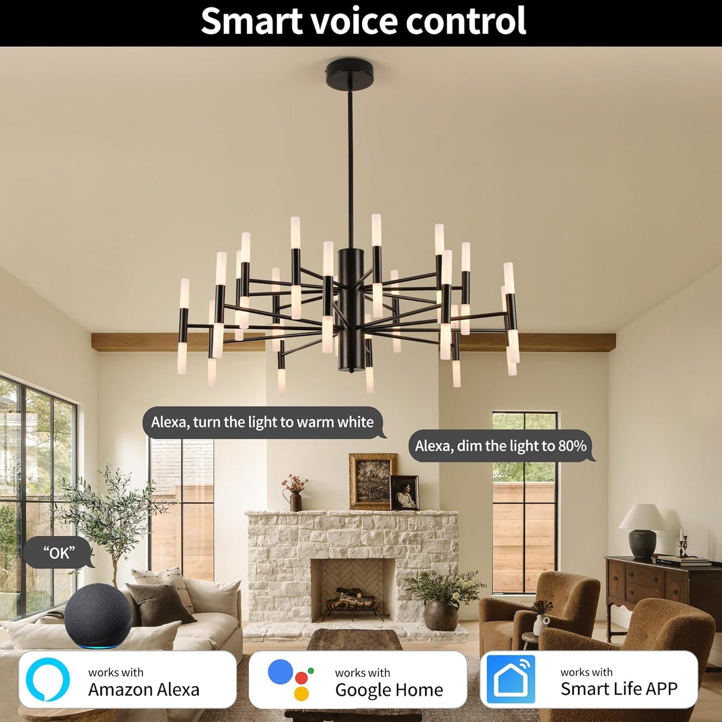 Modern Sputnik Chandelier Mid Century Black Chandeliers for Dining Room Living Room Kitchen Bedroom Support APP Voice Control Dimmable Smart LED Light Fixture(GB1337YY40-BK)