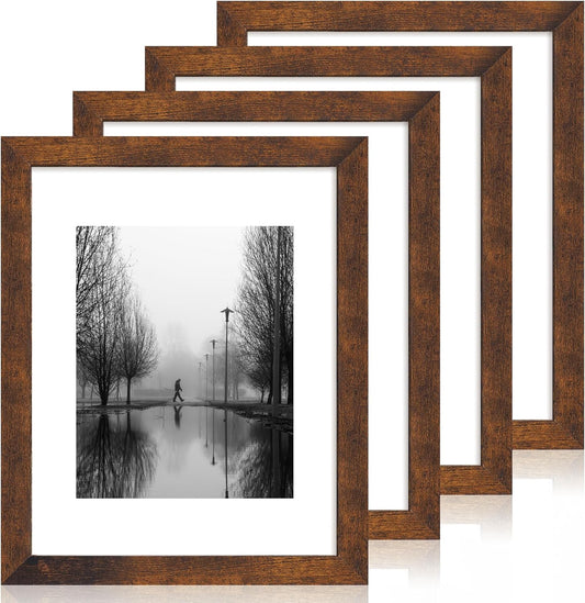 iRahmen 11x14 Picture Frame Set of 4 with Tempered Glass, Rustic Frame Display 8x10 Pictures with Mat or 11 x 14 Without Mat, Wooden Photo Frames for Wall Mounting