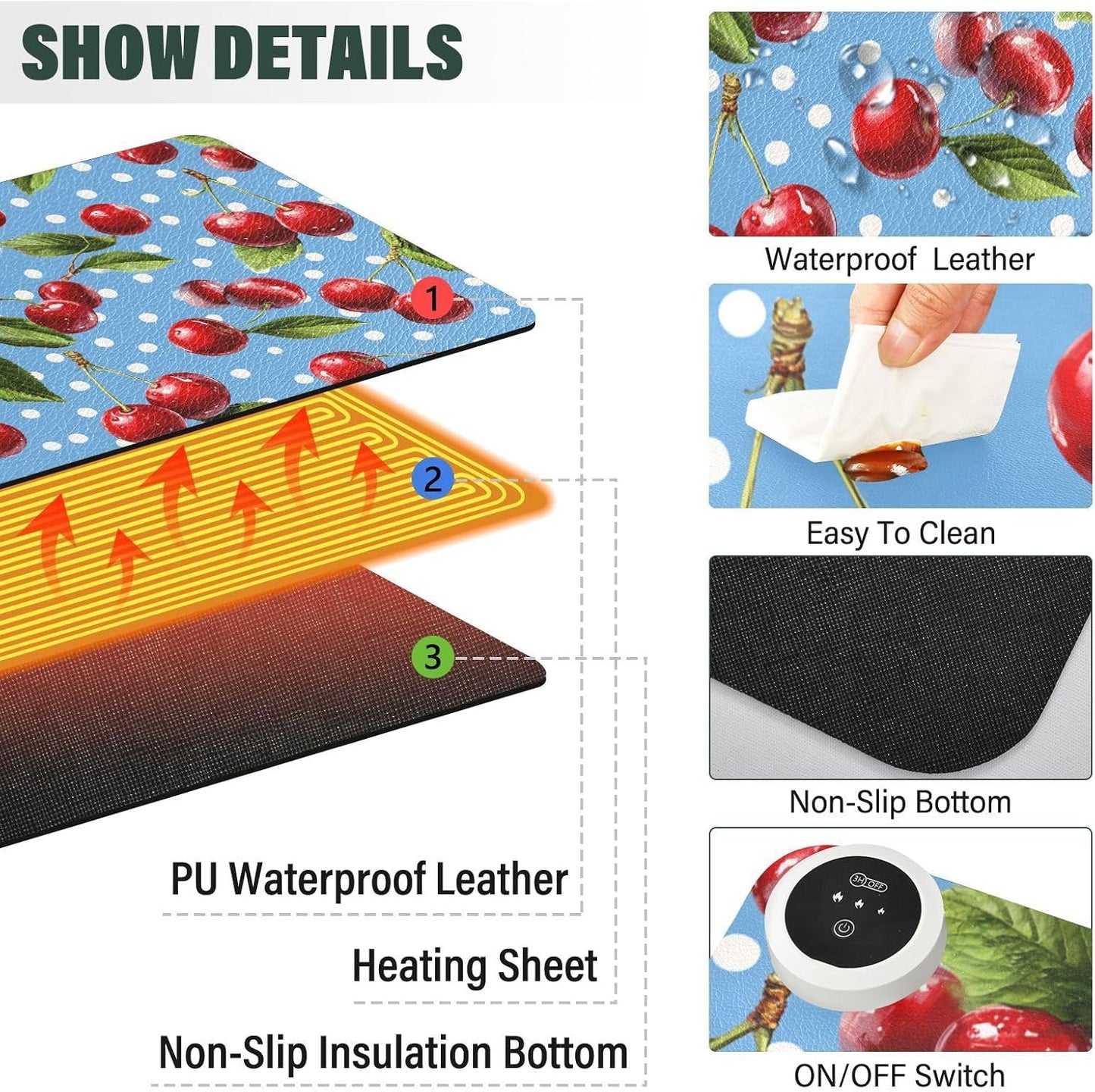 Heated Desk Pad Mouse Pad 31.5x13 Inch PU Leather Desk Mat with 3 Heat Levels Large Mouse Gaming Computer Laptop Mat Blue Dots Red Cherry