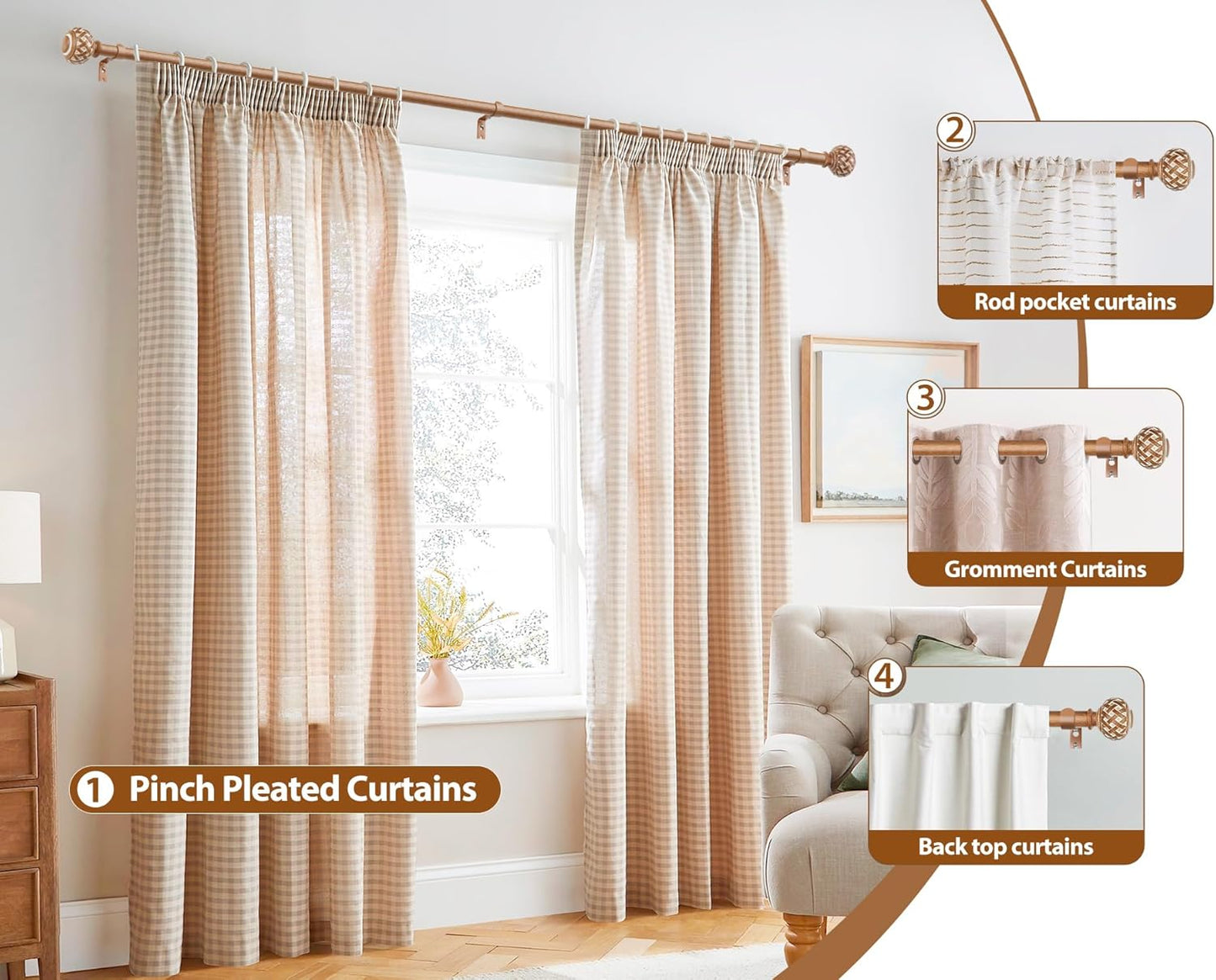 TONIAL Wood Curtain Rod 32 to 120 Inches, 7/8 Adjustable Curtain Rods for Windows 20 to 116 Inches, Splicing Drapery Rods Decorative with Netted Texture Finials