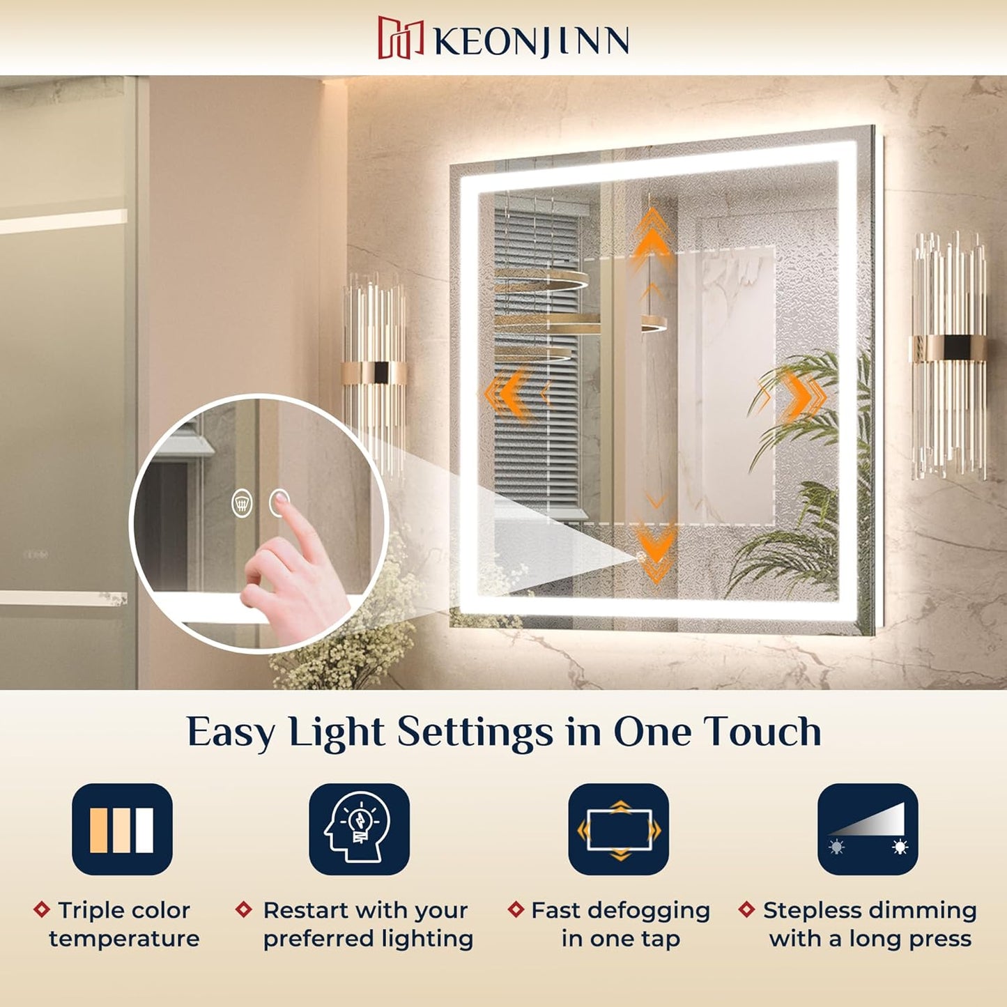 Keonjinn 72" x 36" Lighted Mirror for Bathroom Wall, LED Mirror with Frontlit & Backlit, Large Bathroom Mirror with Lights, Dimmable 3-Color Lights, HD Tempered Glass, UL-Listed LED Driver
