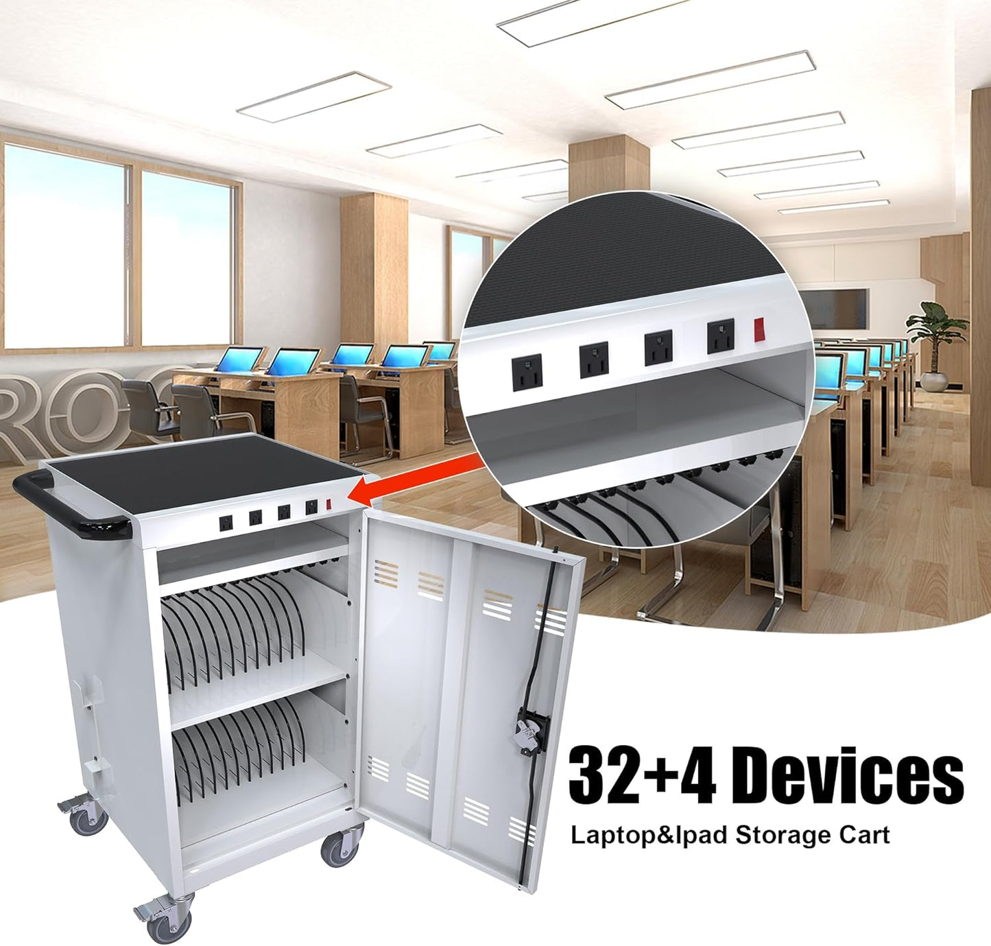 Laptop Charging Cart, 31+4 Charging Ports Laptop Storage Cart, 35-Bay Mobile Charging Cabinet for iPads up to 16.3", Chromebook Devices, Cord Management, Access Lock.School,Business.White