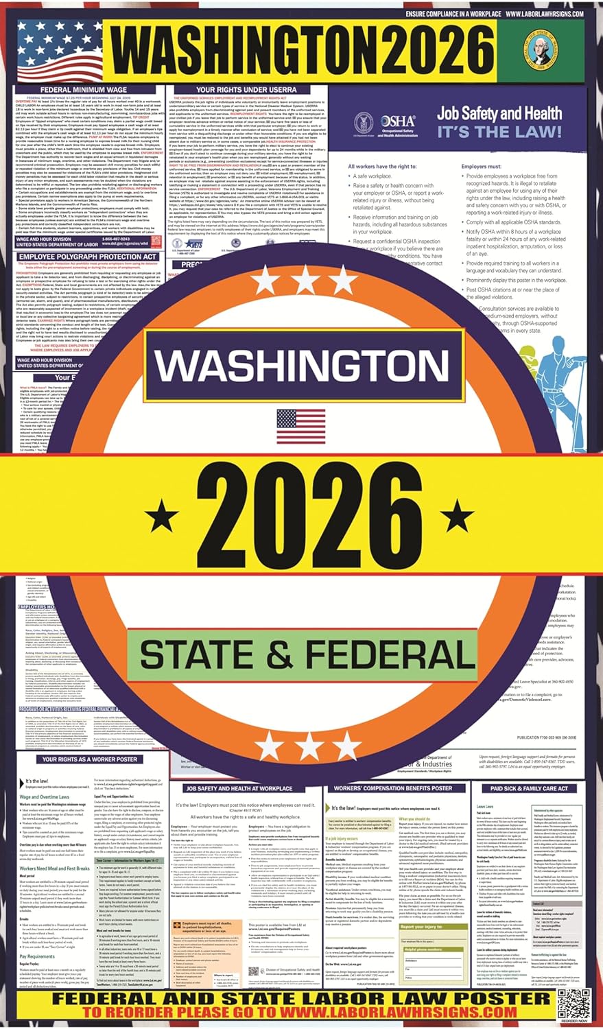 2026 Washington (WA) State Labor Law Poster - State, Federal and OSHA Compliant Laminated Poster - Ideal for Posting in The Workplace - Easy to Read - Perfect for Common Rooms and Cafeterias