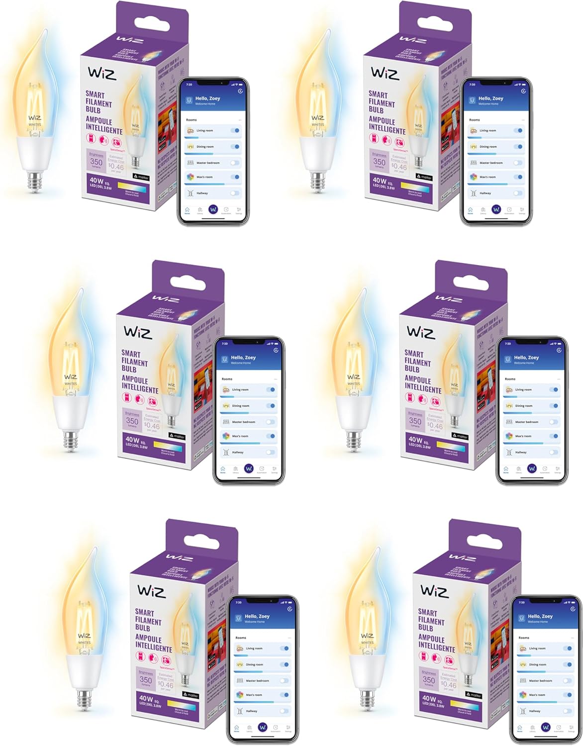 WiZ Connectd Clear 40W BA11 Tunable White Filament LED Smart Bulb - Pack of 6 - E12 - Indoor - Connects to Wi-Fi - Control with Voice or App - Matter Compatible