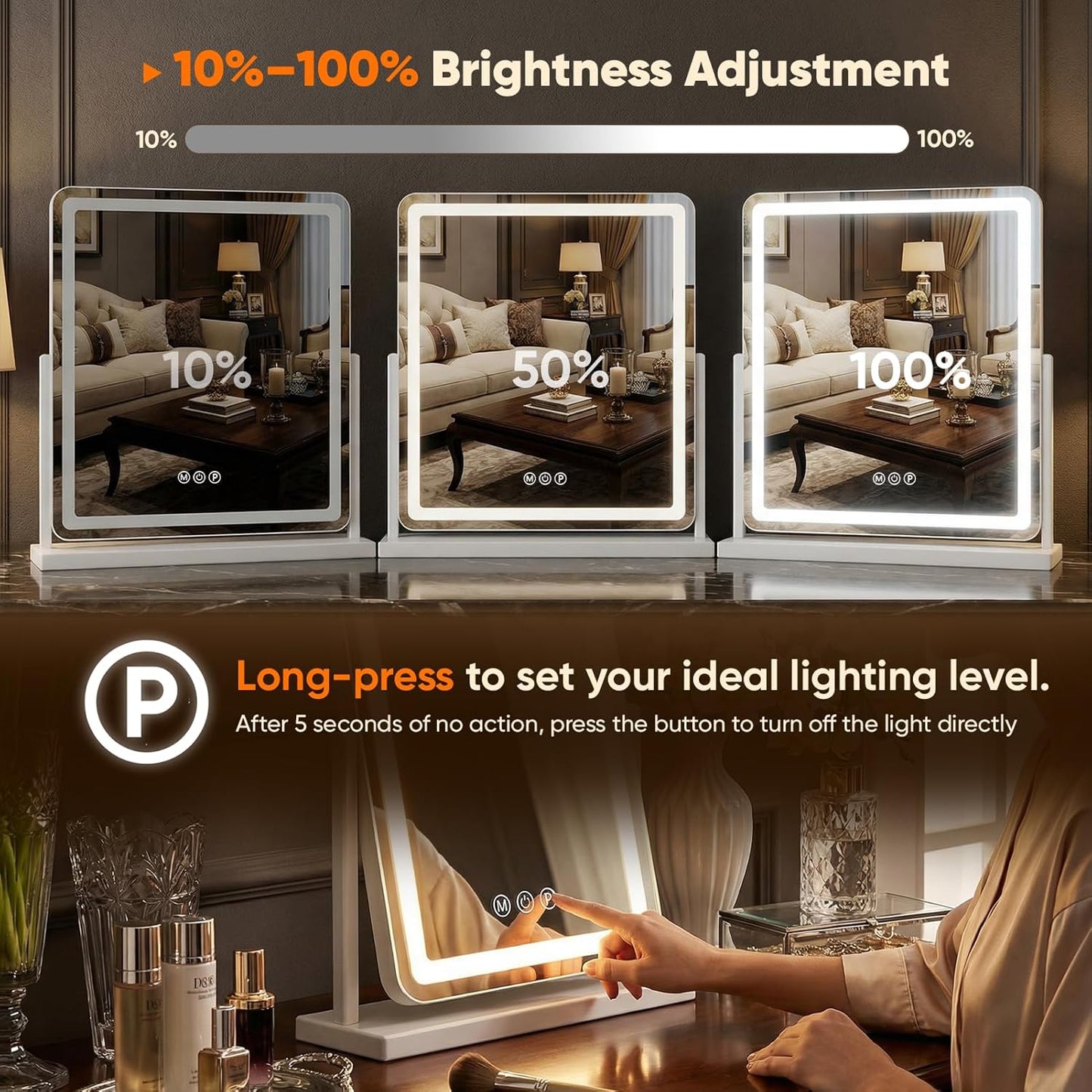 Antok Vanity Mirror with Lights, 13"X18" Lighted Makeup Mirror, Smart Touch, 3 Color Modes and Brightness Adjustable, LED Vanity Mirror with Detachable 10X Magnification, 360° Rotation for Makeup Desk