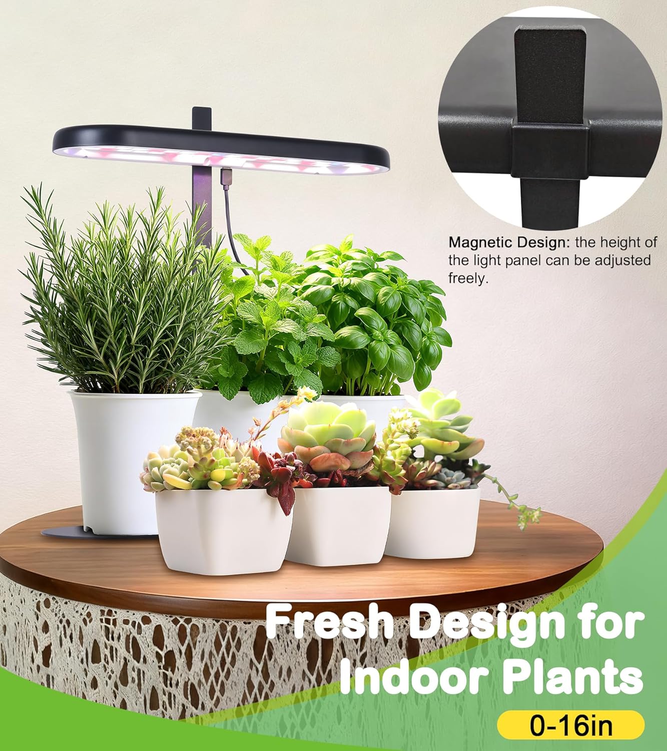 Grow Lights for Indoor Plants, 20W Full Spectrum LED Grow Lamp for Indoor Garden with Intelligent Controller, Height Adjustable, Ideal for Home Desk Plant Lighting (Black, Metal Base)
