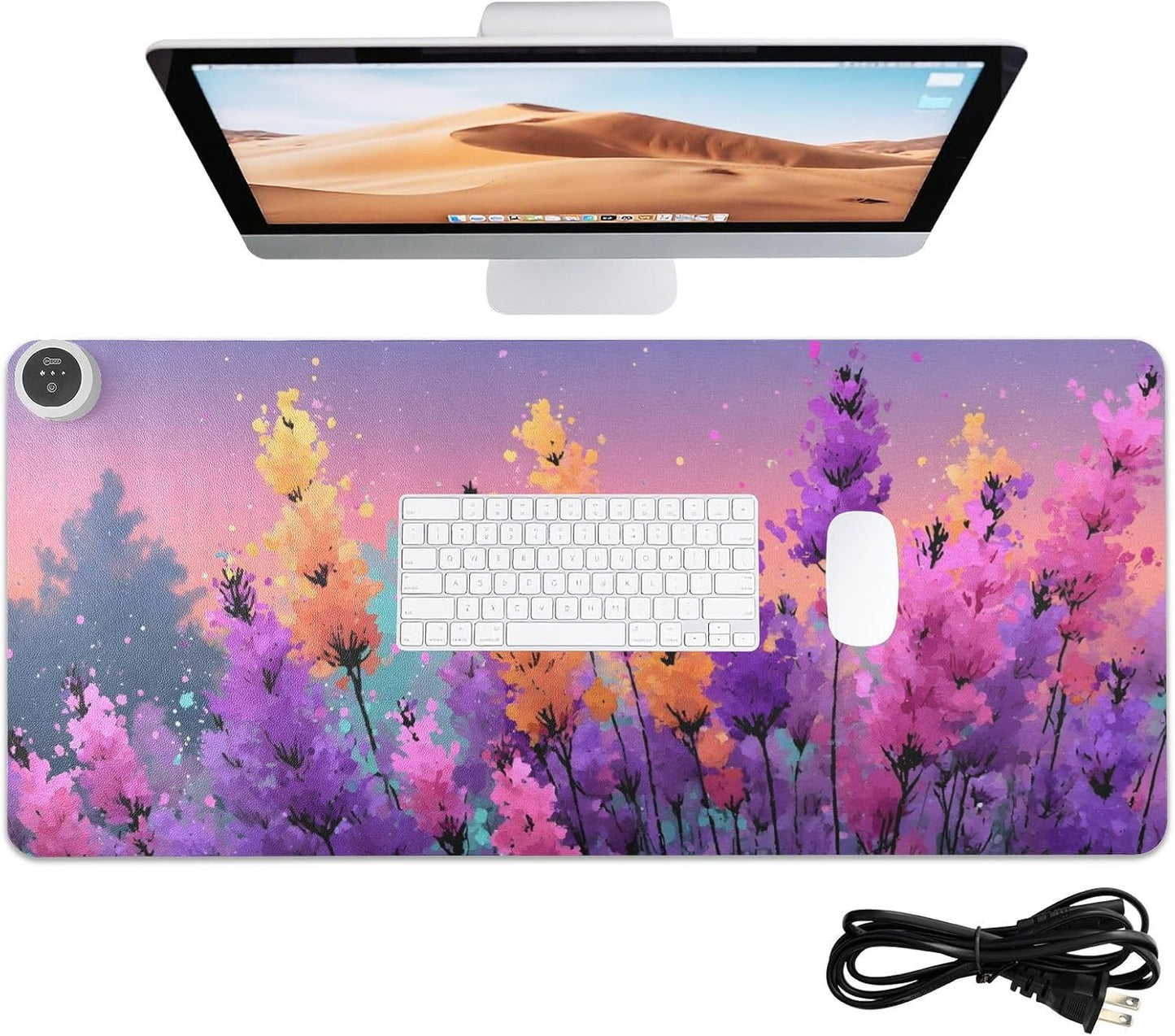 Large Heated Mouse Pad,Leather Desk Mat,31.5"x13",Hand Warmer Pads for Desk,Lavender(Watercolor)