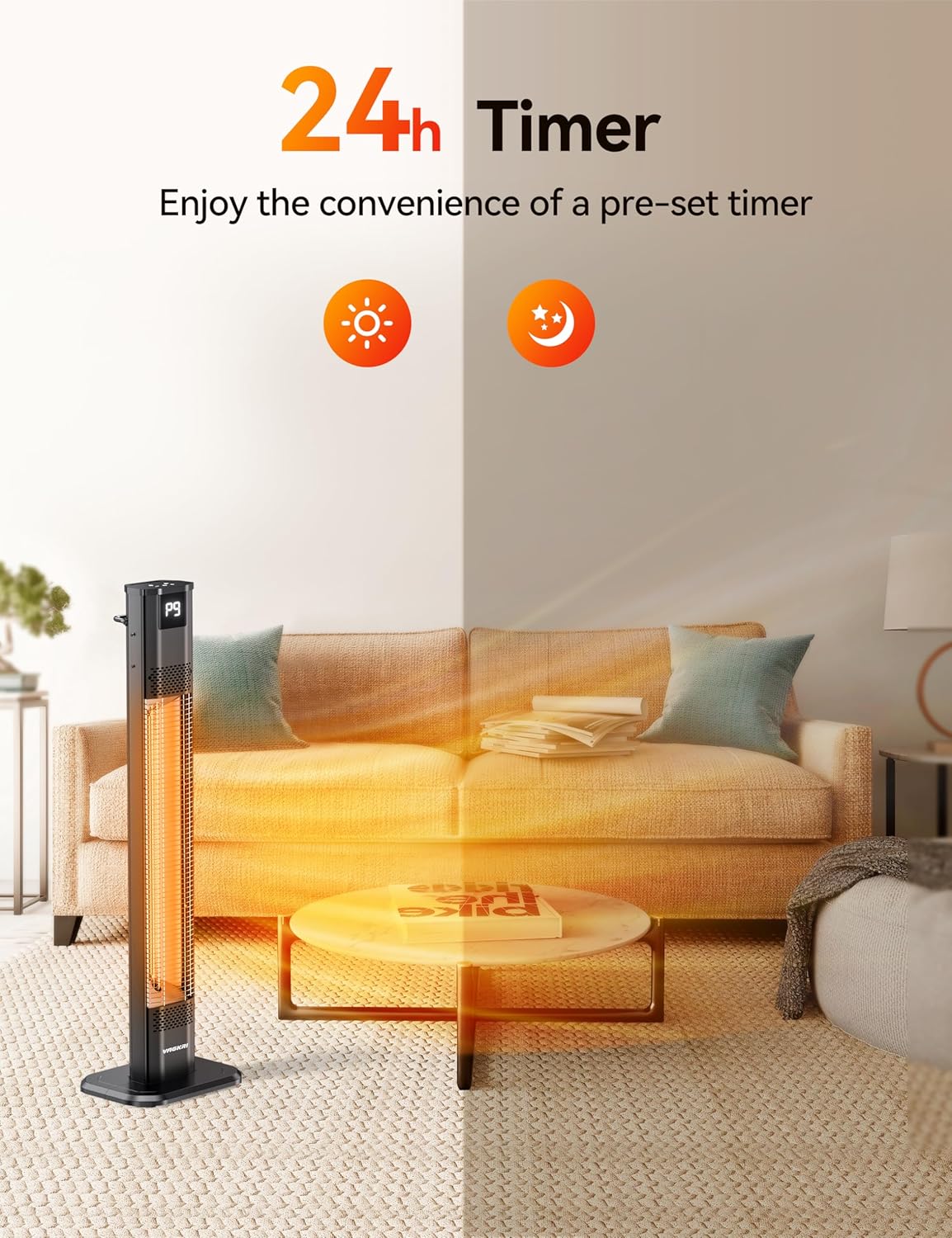 VAGKRI 42" 1500W Electric Outdoor Infrared Heater with Remote, 9 Heat Levels, 24H Timer, 1S Fast Heating, IPX5 Waterproof Tower Space Heater for Home, Office, Patio, Garage