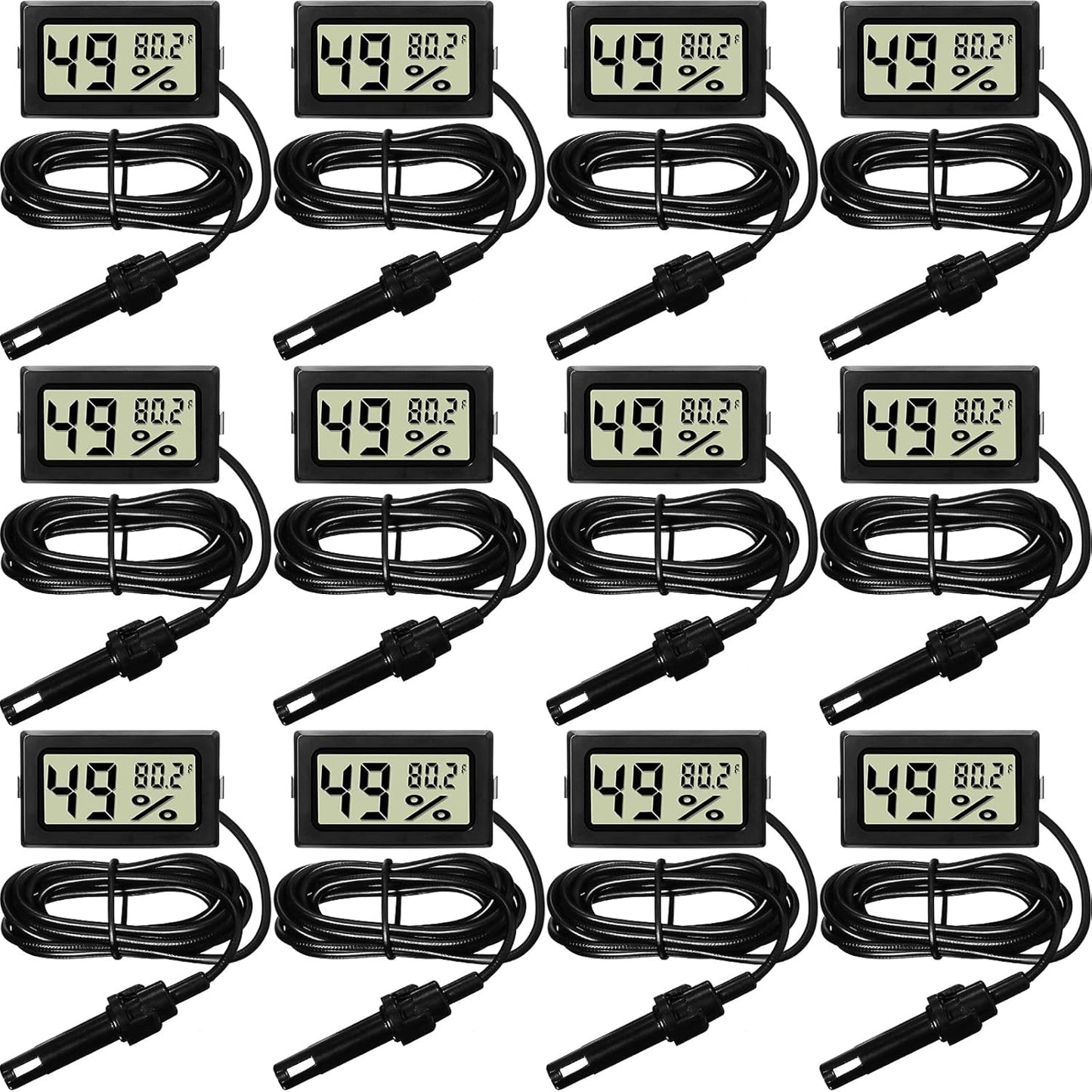 Weewooday Mini Digital Temperature Humidity Meters Gauge with Probe Gauge LCD Fahrenheit Display Thermometer Hygrometer for Incubator Reptile Plant Greenhouse Chicken Coop Garden(Black, 12 Pieces)