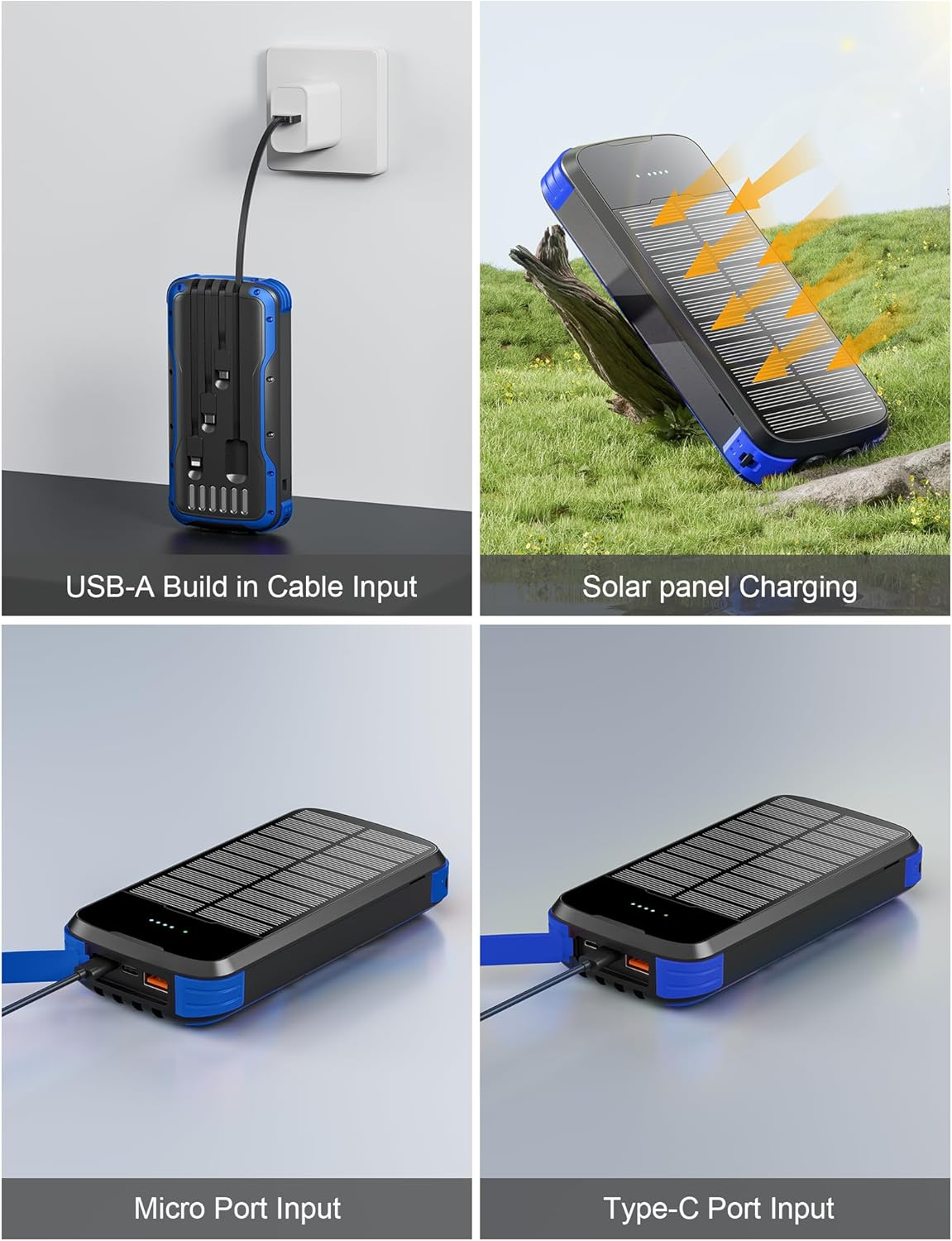 Solar Charger Power Bank, 40000mAh Portable Charger PD 20W Fast Charging Solar Power Bank Built in 4 Cables and USB-C in/Output, Camping Essentials External Battery Pack with Flashlights