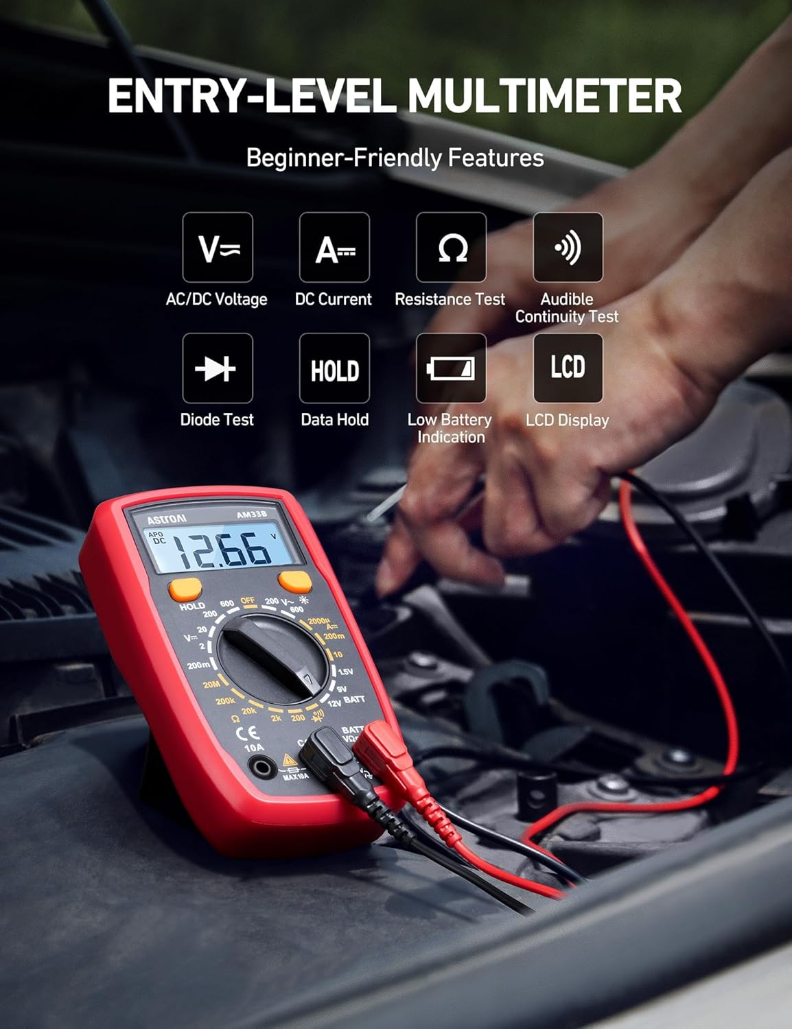 AstroAI Digital Multimeter Tester 2000 Counts with DC AC Voltmeter and Ohm Volt Amp Meter; Measures Voltage, Current, Resistance, Continuity and Diode, Black