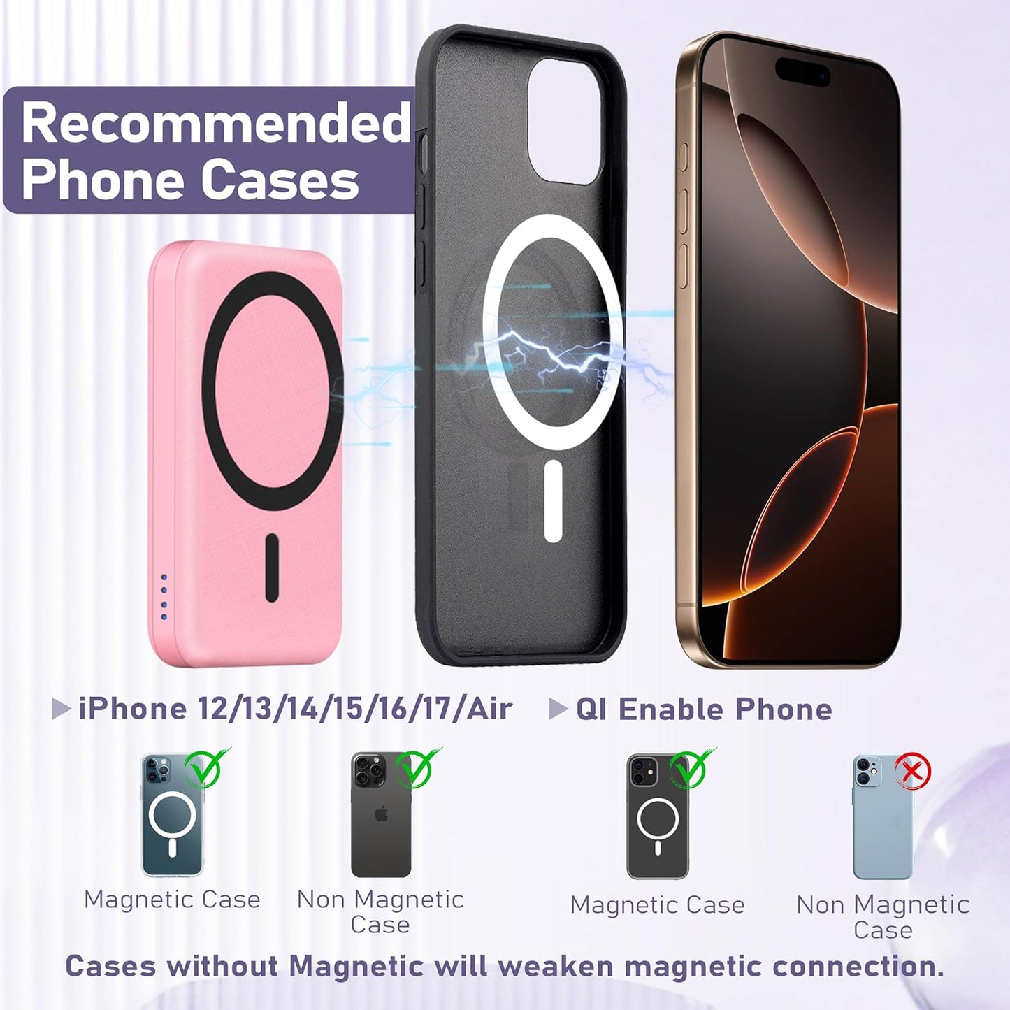 3 in 1 Wireless Charging Station: 5000mAh Removable Power Bank Charger Stand for Phone/Watch/Air Pods - Portable Magnetic Battery Pack for Air 17 16 15 14 13 12 Series Pink