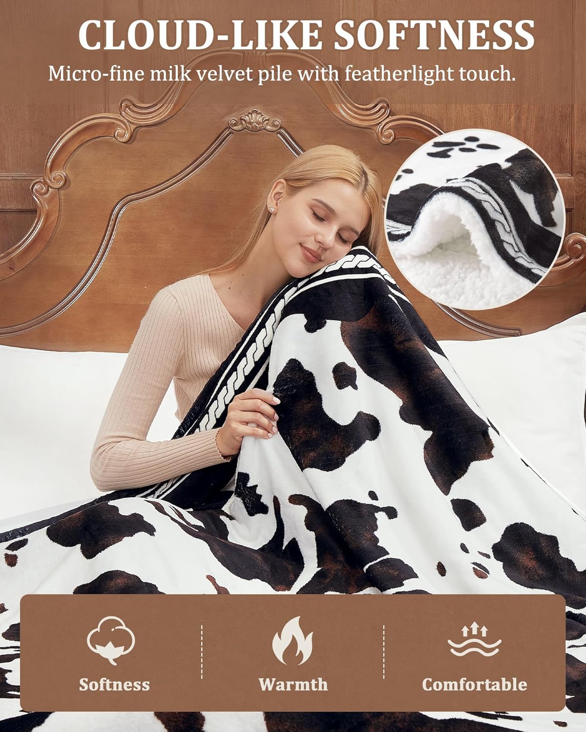 CAROMIO Heated Electric Blanket Queen Size with LCD Dual Controller, Cow Print Heating Blankets, 10 Heat Levels & 1-12H Time Settings, ETL Certified, Machine Washable, Brown Black, 84" x 90"