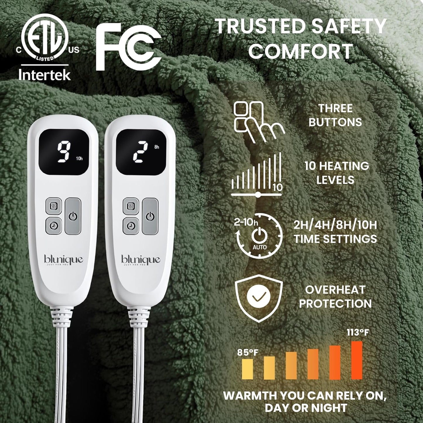 Heated Blanket Electric Blanket Queen - Fast Heating Blanket Throw Dual Control Double Sided Sherpa with 10 Heating Levels & 2-10 Hours Auto Off, Mashine Washable, 84 x 90 Inches, Sage&Green