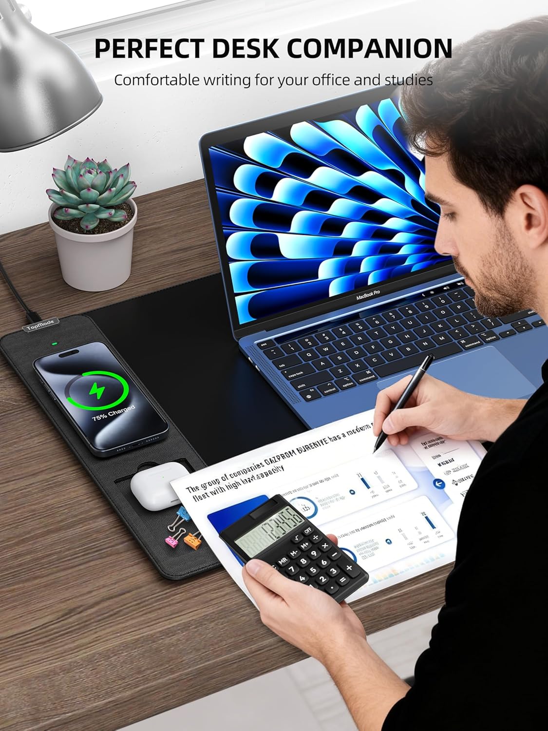 TopMade Mouse Pad with 15W Wireless Charging, Removable 8-Digit Solar Calculator, 31.5" x 15.75" XXL Large Desk Pad, Gaming Computer Keyboard Pad, Waterproof Mousepad Home Office Desk Mat, Black