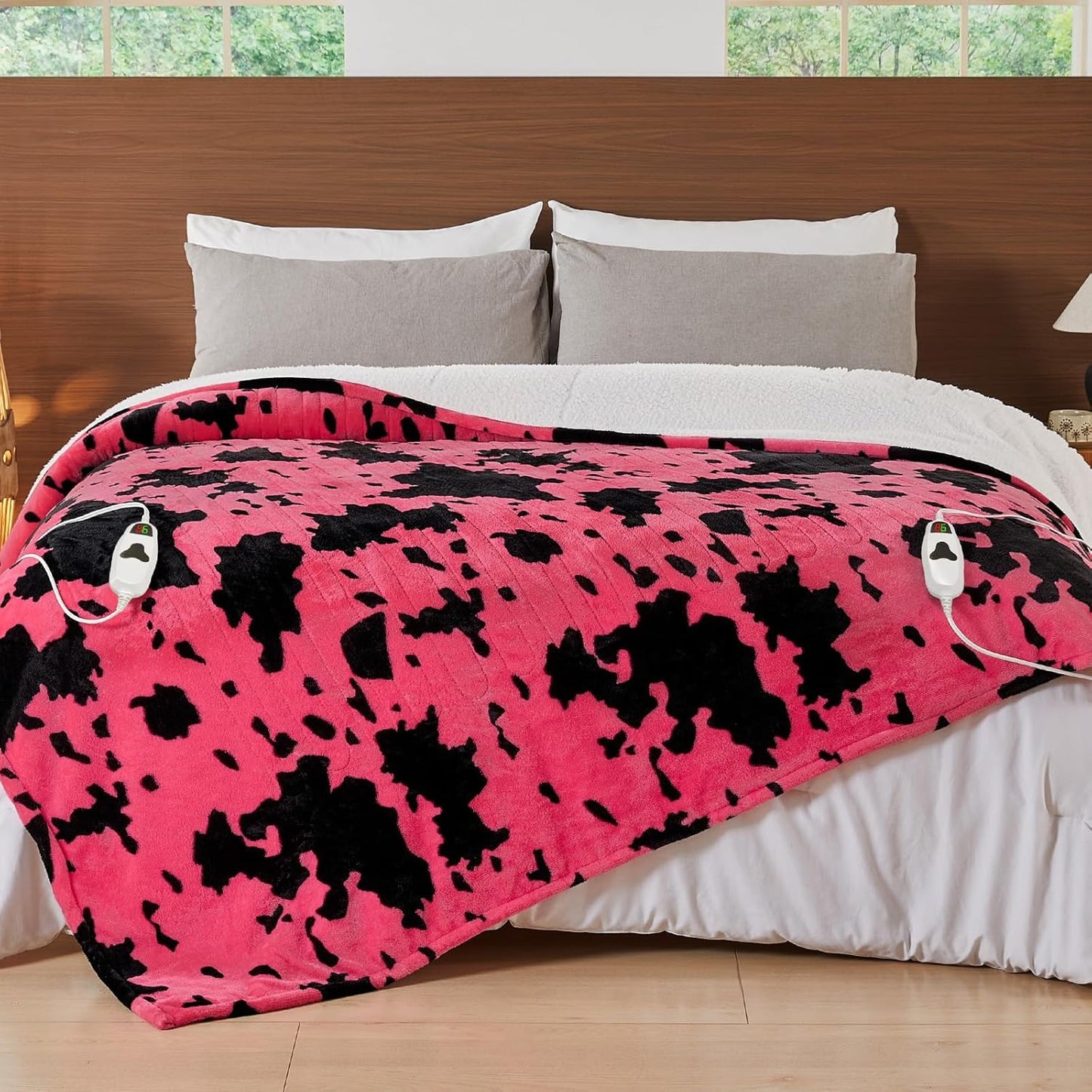 Cow Print Electric Heated Blanket King Size,90X100 Pink Heating Blanket King with Dual Control&Timer&10 Heat Levels,Highland Cow Decor Fleece Sherpa Blankets Warmer Gifts for Bed Women Adults