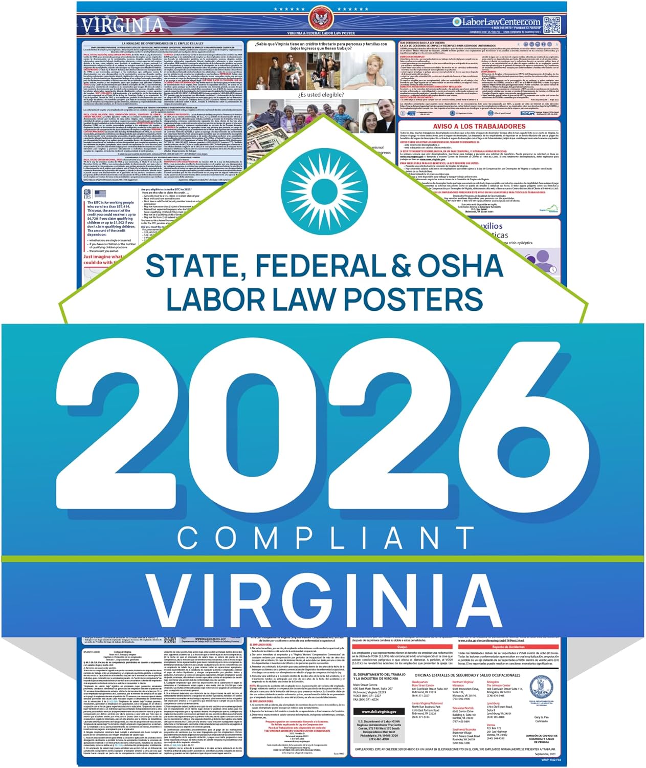 Virginia 2026 Labor Law Poster – State & Federal Compliance – OSHA, EEOC, FMLA, Minimum Wage – Durable, Laminated & Waterproof Workplace Employment Poster – Made in USA – 26” x 39.5”