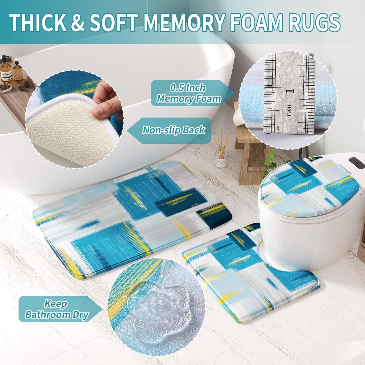 Bathroom Set - Teal Blue Bathroom Accessories Set, Bathroom Sets with Shower Curtain and Rugs, Teal Blue Shower Curtain Set with Bathroom Trash Can, Soap Dispenser, Soap Dish for Home Decor