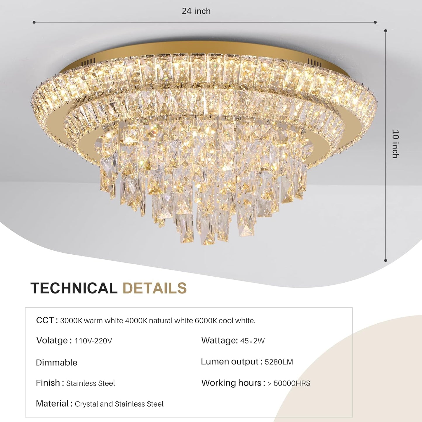 24 inch Flush Mount Crystal Chandelierse with Remote and APP Gold, Modern Elegant LED Crystal Raindrop Ceiling Light Fixtur, 3CCT Dimmable, for Living Room Kitchen Island Bedroom Entryway Foyer