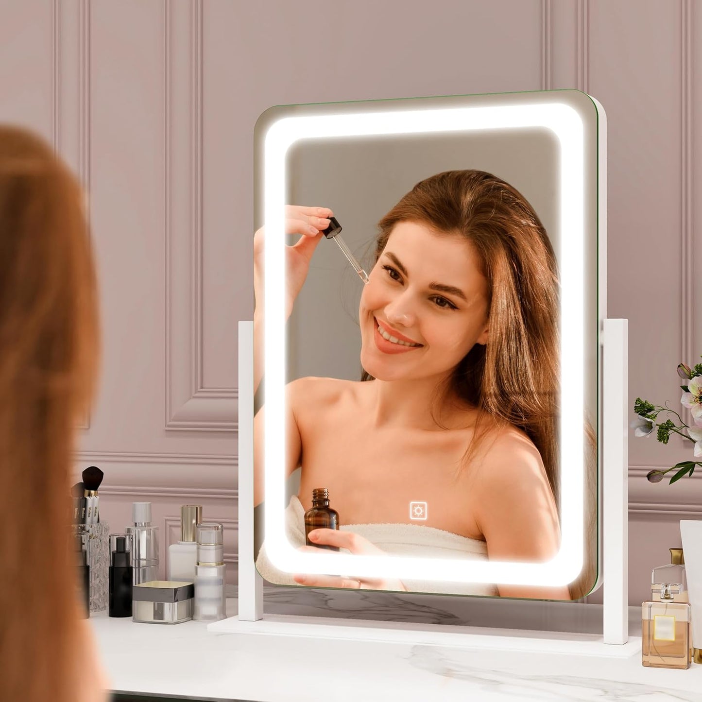 ROLOVE Vanity Mirror with Lights, 12.6"×15" LED Makeup Mirror, Lighted Makeup Mirror with Lights, Smart Touch Control Dimmable 3 Modes Light, Lighted Up Mirror for Makeup Desk, Bedroom, Dressing Room