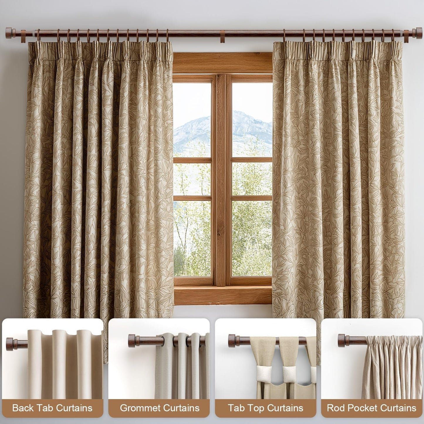 Antique Redwood Grain Curtain Rods for Windows 72 to 144 Inches 1" Diameter Heavy Duty Window Curtain Rod Adjustable with Solid Finials for Living Room Bedroom Kitchen Farmhouse Outdoor