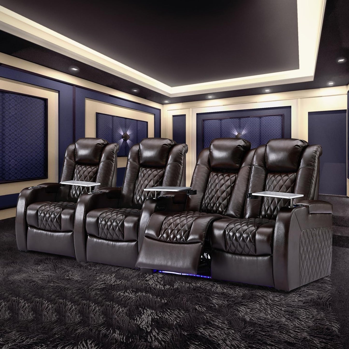 Weilianda Home Theater Seating Top Grain Leather Zero Gravity Recliner Chair Power Headrest Recline Movie Seat Gaming 7 Colors Mood Light Sofa with Tray Table USB Charge Row of 4 Loveseat Right Brown