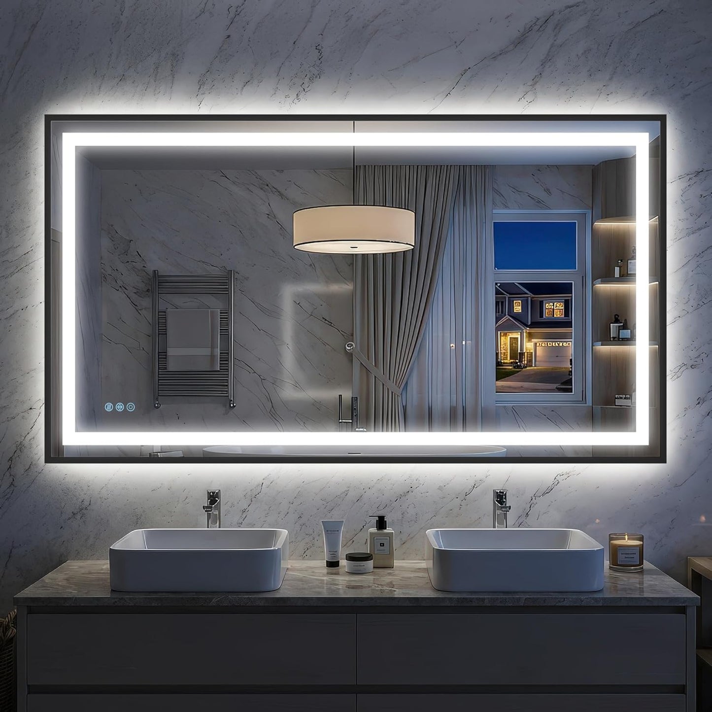 Antok 55X30 LED Bathroom Mirror with Lights, Vanity Mirror for Wall with Black Frame, Touch Control, Anti-Fog, Dimmable Lights, Shatter-Proof, Memory Function, Wall-Mounted Vanity Mirrors