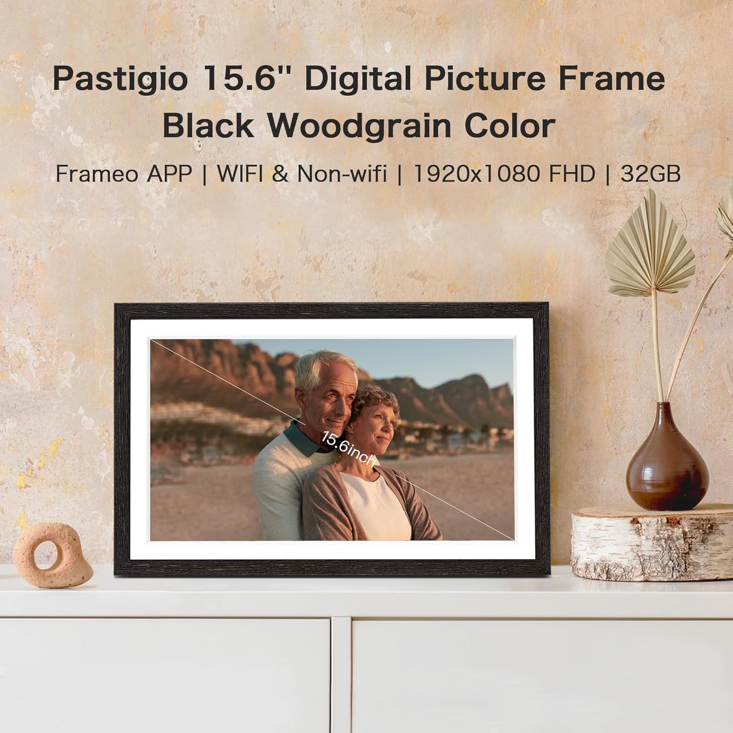 Digital Picture Frame, 15.6 Inch Frameo Digital Frame WiFi, 1920 * 1080 IPS FHD Touchscreen, 32GB, Tabletop&Wall-Mounted, Share Picture Video, Large Electric Photo Frame, Mom Gifts, Black Woodgrain