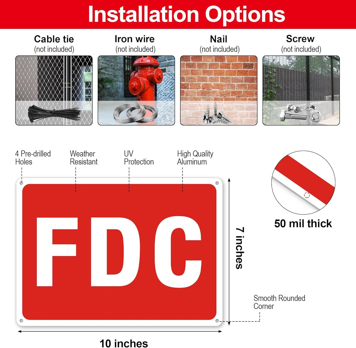 FDC Sign, 2 Pack FDC Sign Outdoor Aluminum Metal Sign, FDC Signs for Fire Department Connection, UV Protected Weather Resistant and Easy to Install (Size: 10x7 inches)