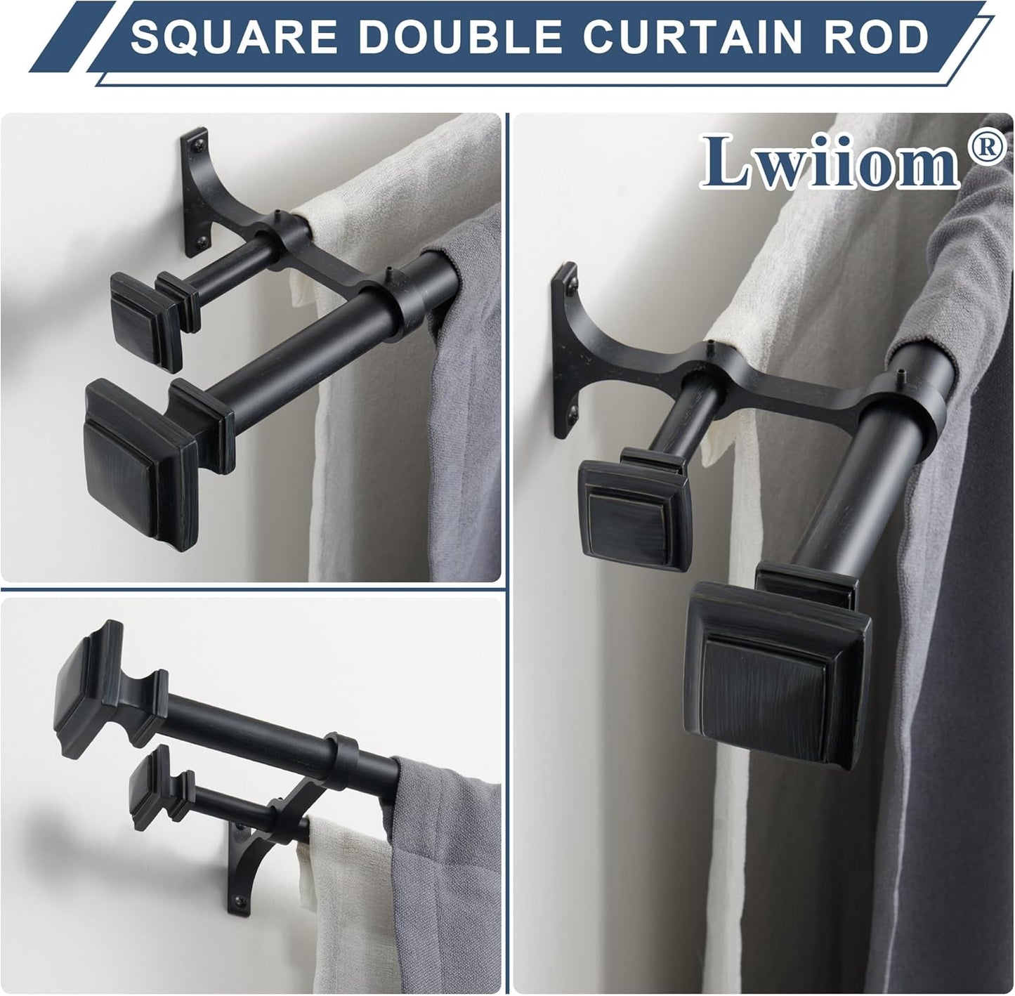 Double Wood Curtain Rods for Windows 36 to 72 Inches,1 Inch Decorative Wooden Curtain Rod with Square Imitation Wood Grain Finials and Double Aluminum Bouquet Bracket, Antique Black