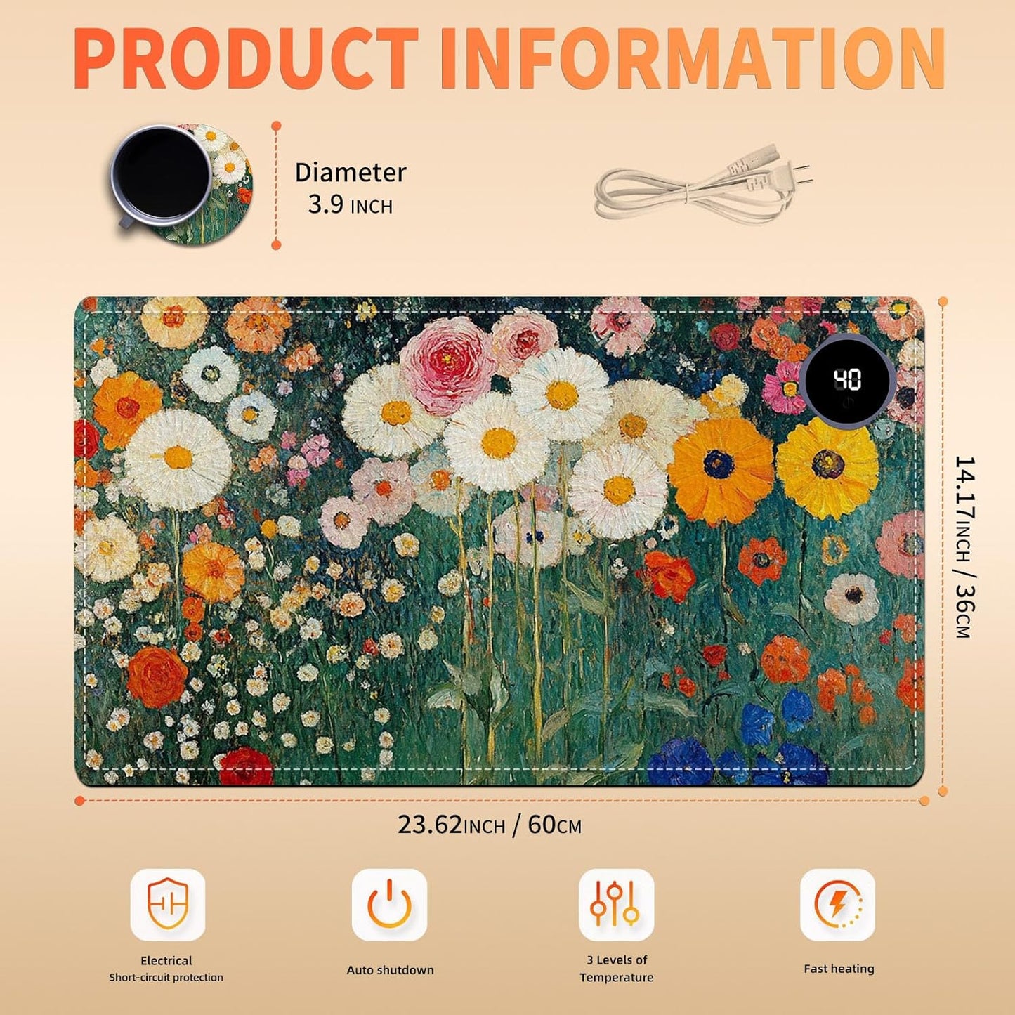 Heated Mouse Pad 23.6 x 14 in 3-Temp Fast Heating Desk Mat with Auto Timer Warmer for Hands Wrist Pain Relief Waterproof Keyboard Mat for Office, Gaming, Home, Floral Garden
